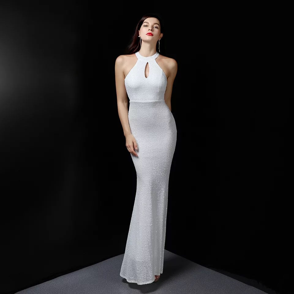 2025 Neck sequined evening dress hollow new temperament host elegant slim and thin model catwalk fishtail skirt