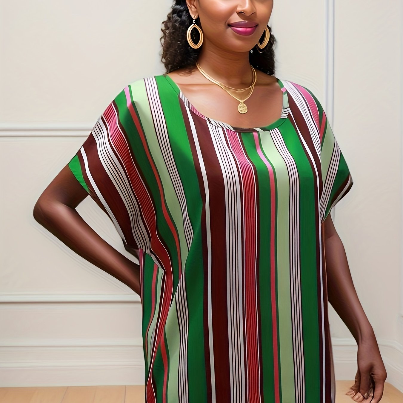 Antmvs Colorful Striped Blouse, Elegant Crew Neck Short Sleeve Comfy Blouse, Women's Clothing