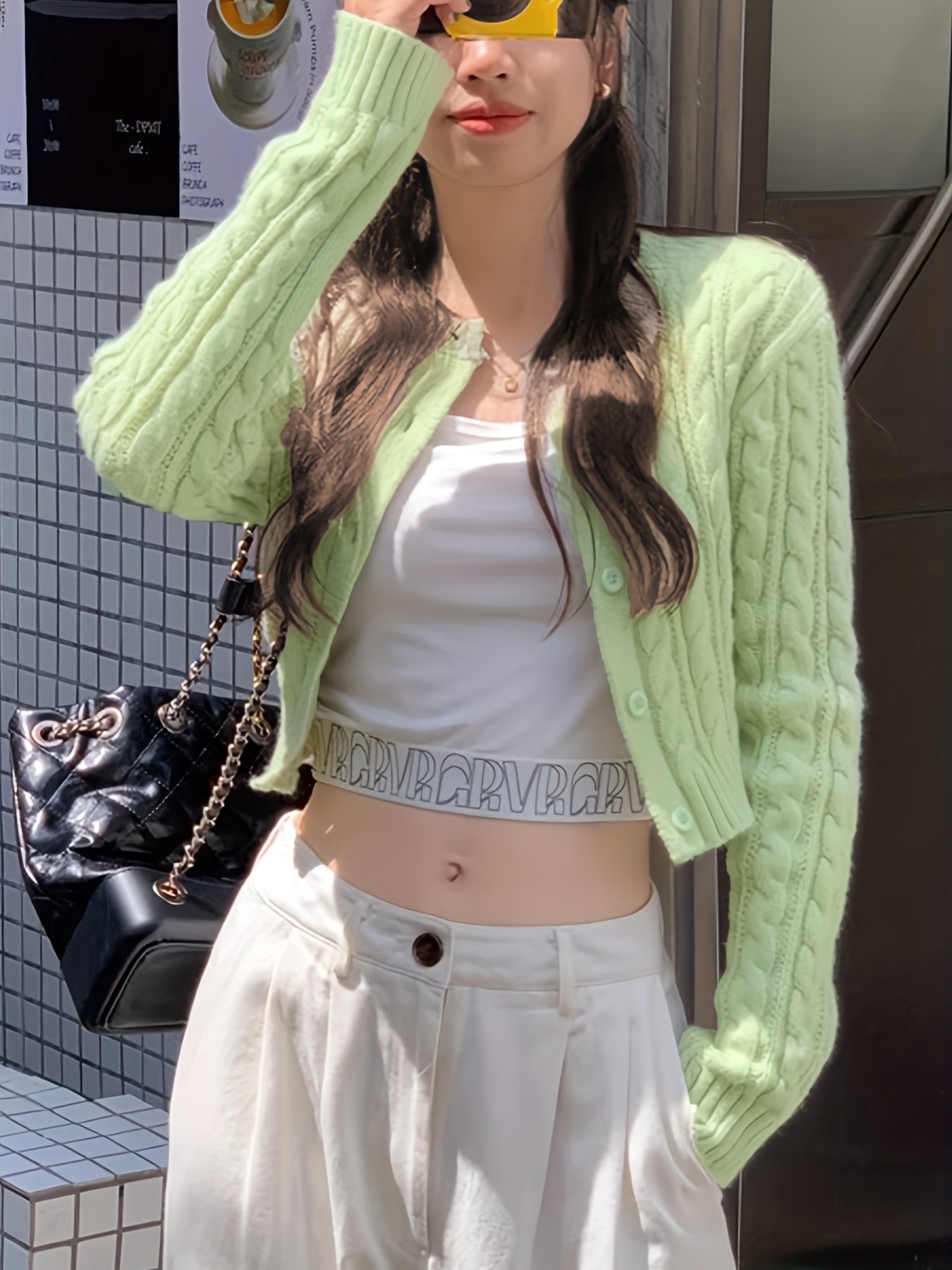 Antmvs Y2K Solid Button Up Cable Knit Cardigan, Casual Long Sleeve Crop Sweater, Women's Clothing
