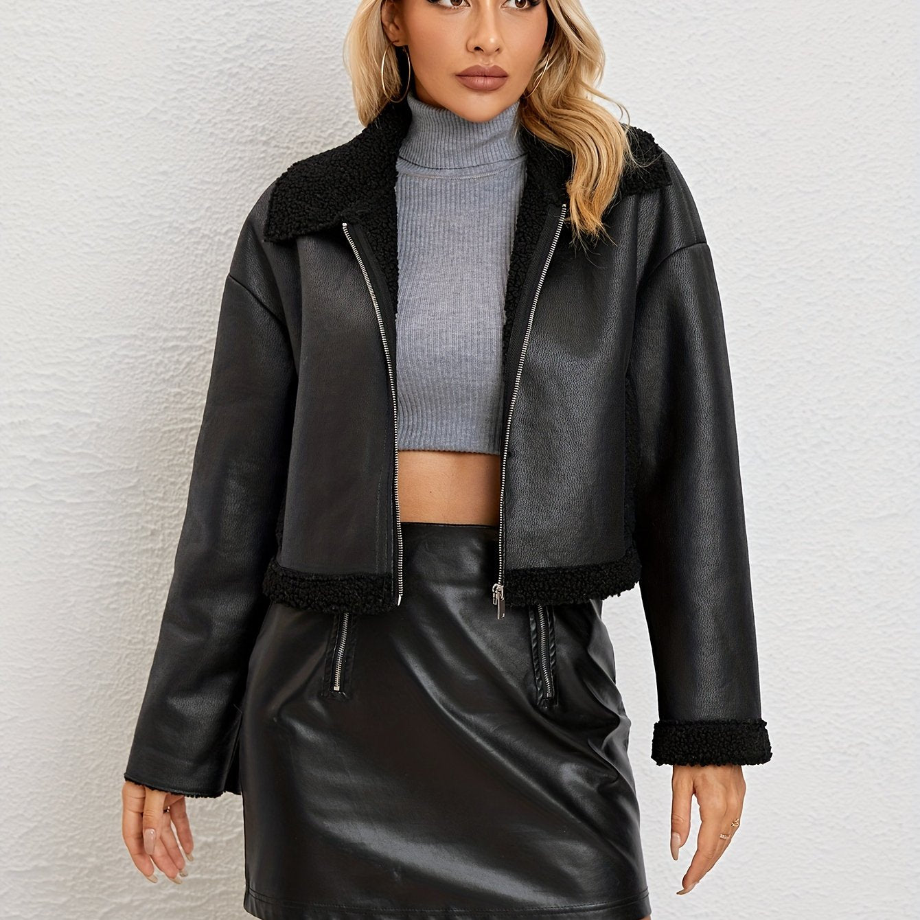 Antmvs Solid Faux Fur Decor Jacket, Versatile Zipper Drop Shoulder Jacket, Women's Clothing
