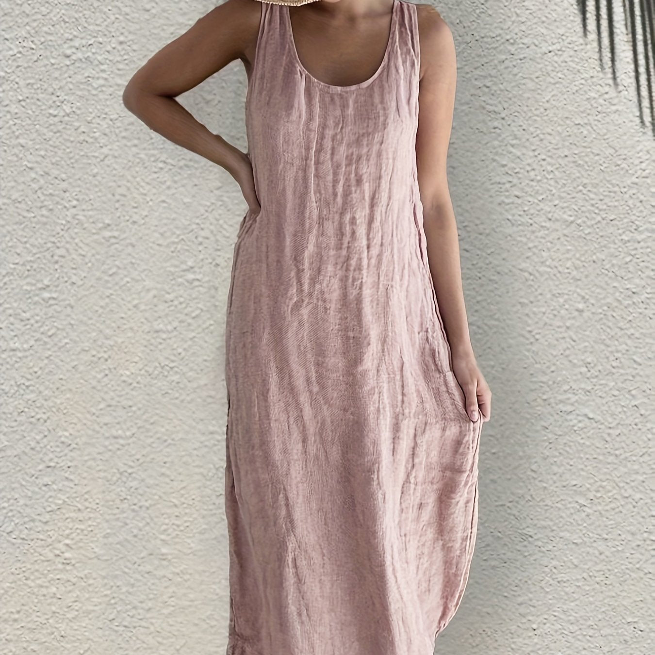 Antmvs Solid Color Crew Neck Tank Dress, Casual Sleeveless Tank Dress For Every Day, Women's Clothing