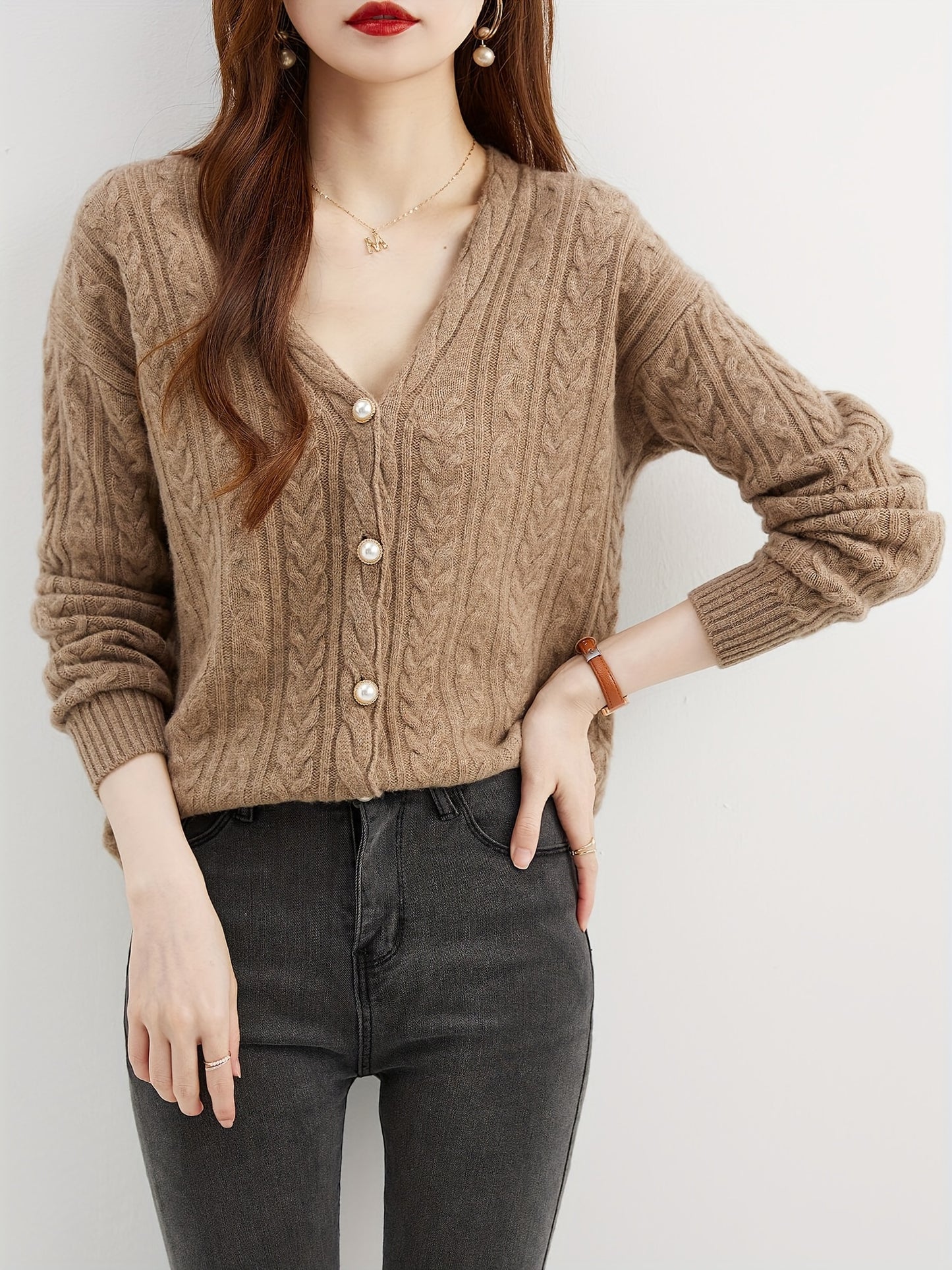 Antmvs Solid Button Down Wool Cable Knit Cardigan, Elegant V Neck Long Sleeve Cozy Sweater, Women's Clothing