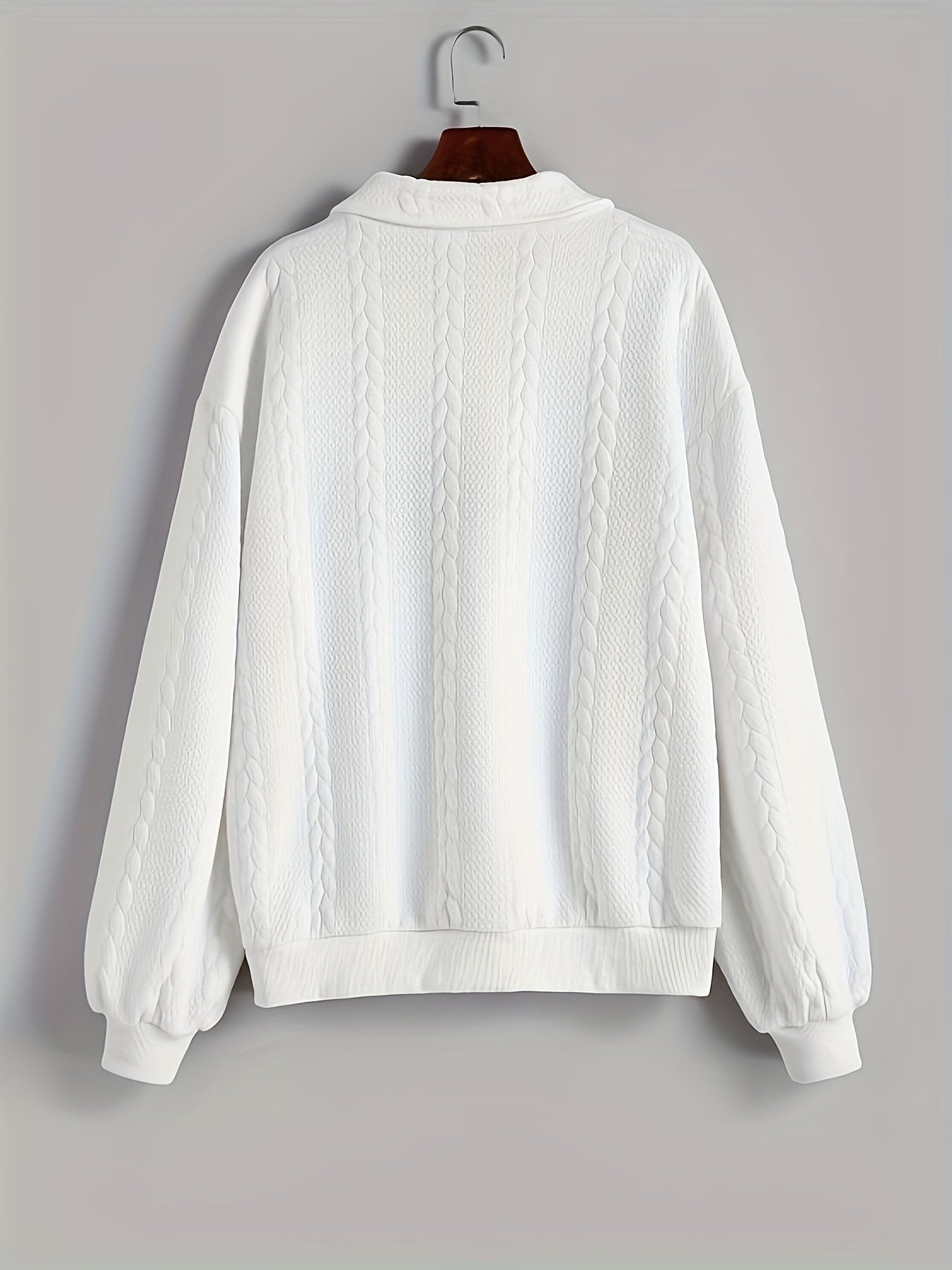 Antmvs Twist Cable Texture Letter Print Sweatshirt, Casual Long Sleeve Half Zip Lapel Sweatshirt For Fall & Winter, Women's Clothing