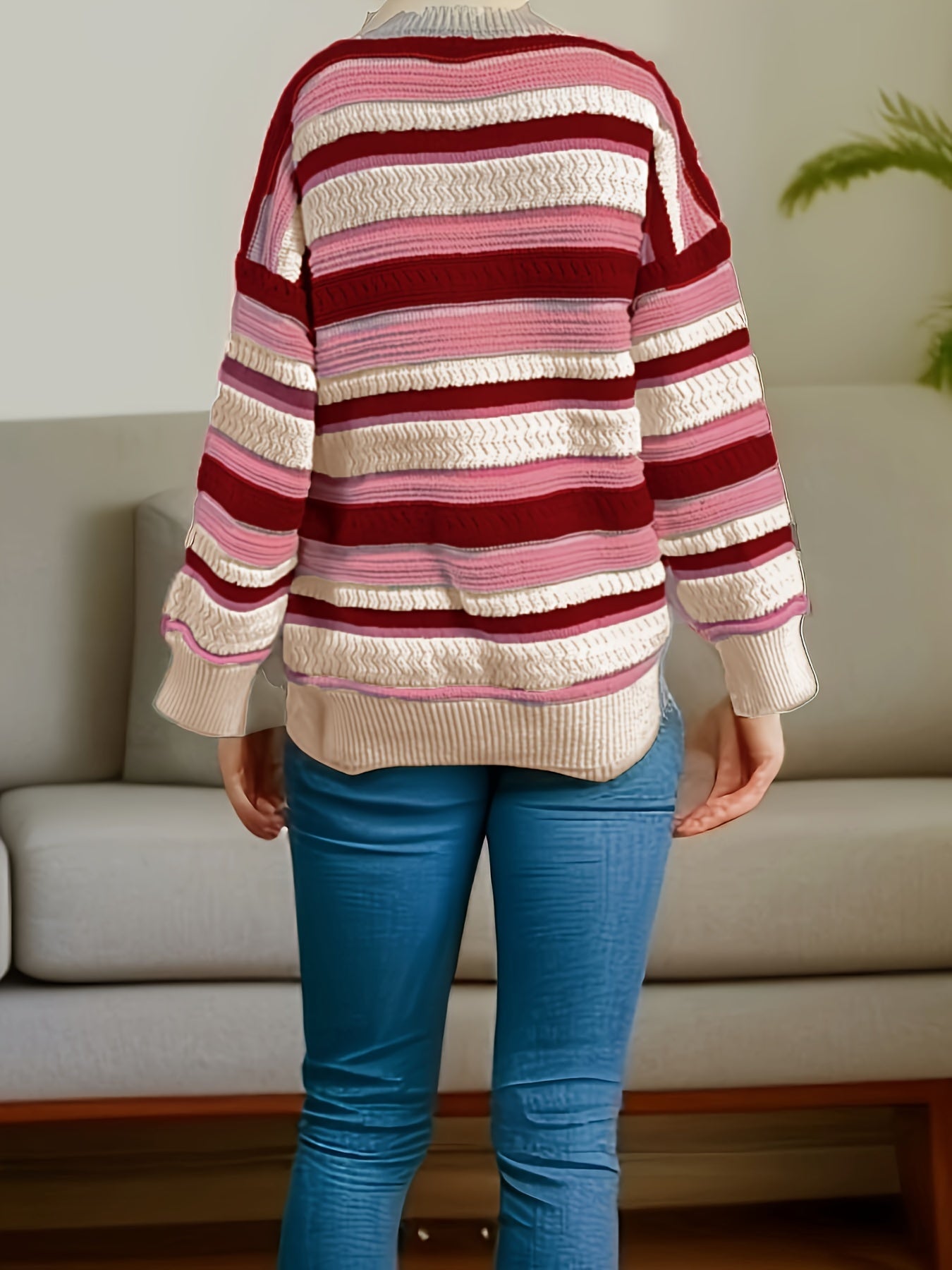 Antmvs Striped Crew Neck Pullover Sweater, Casual Long Sleeve Loose Warm Winter Sweater, Women's Clothing