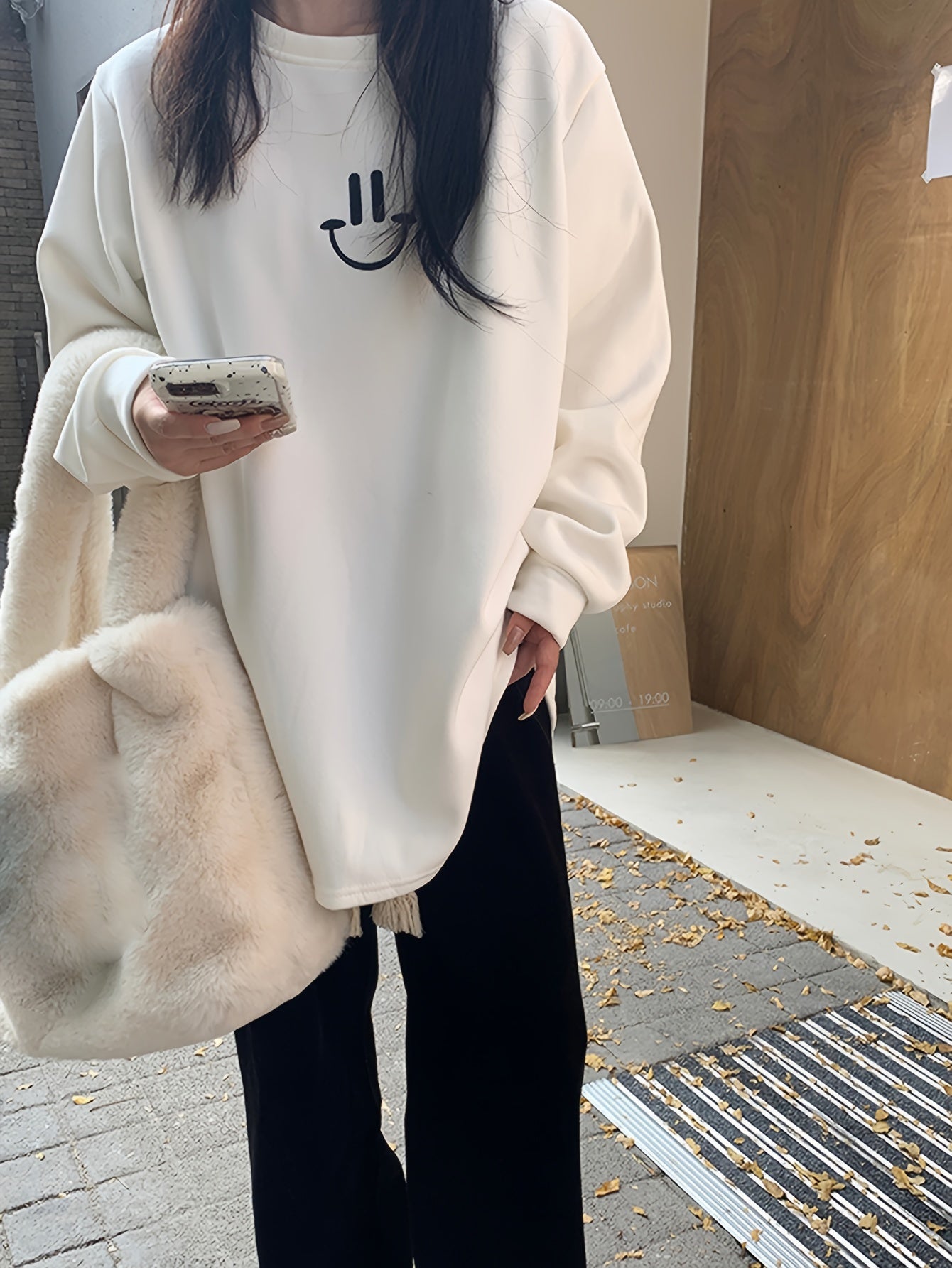 Antmvs Smile Face & Letter Print Pullover Sweatshirt, Casual Long Sleeve Crew Neck Sweatshirt For Fall & Winter, Women's Clothing