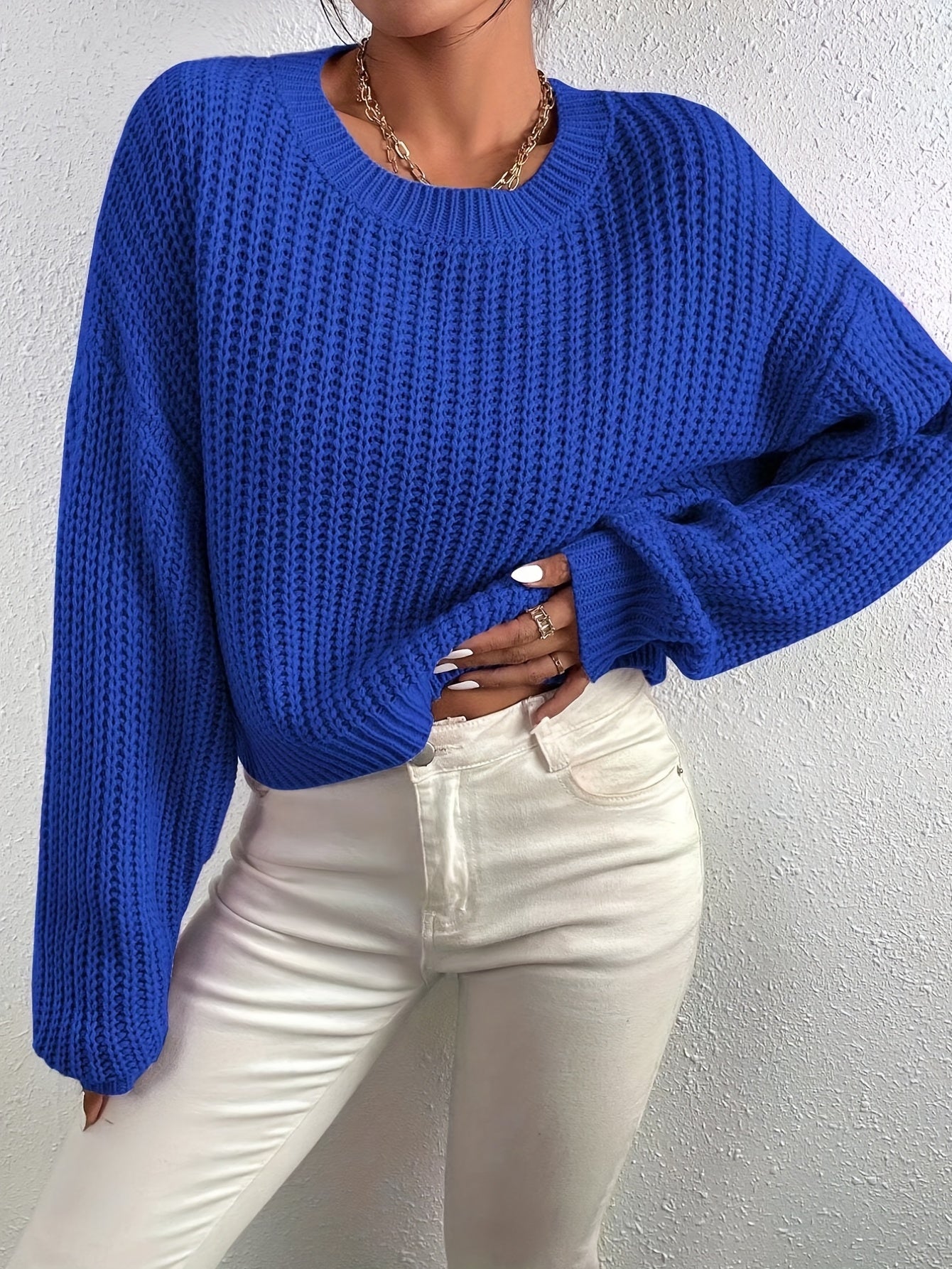 Antmvs Crew Neck Rib Knit Sweater, Casual Drop Shoulder Oversized Long Sleeve Loose Fall Winter Knit Sweater, Women's Clothing