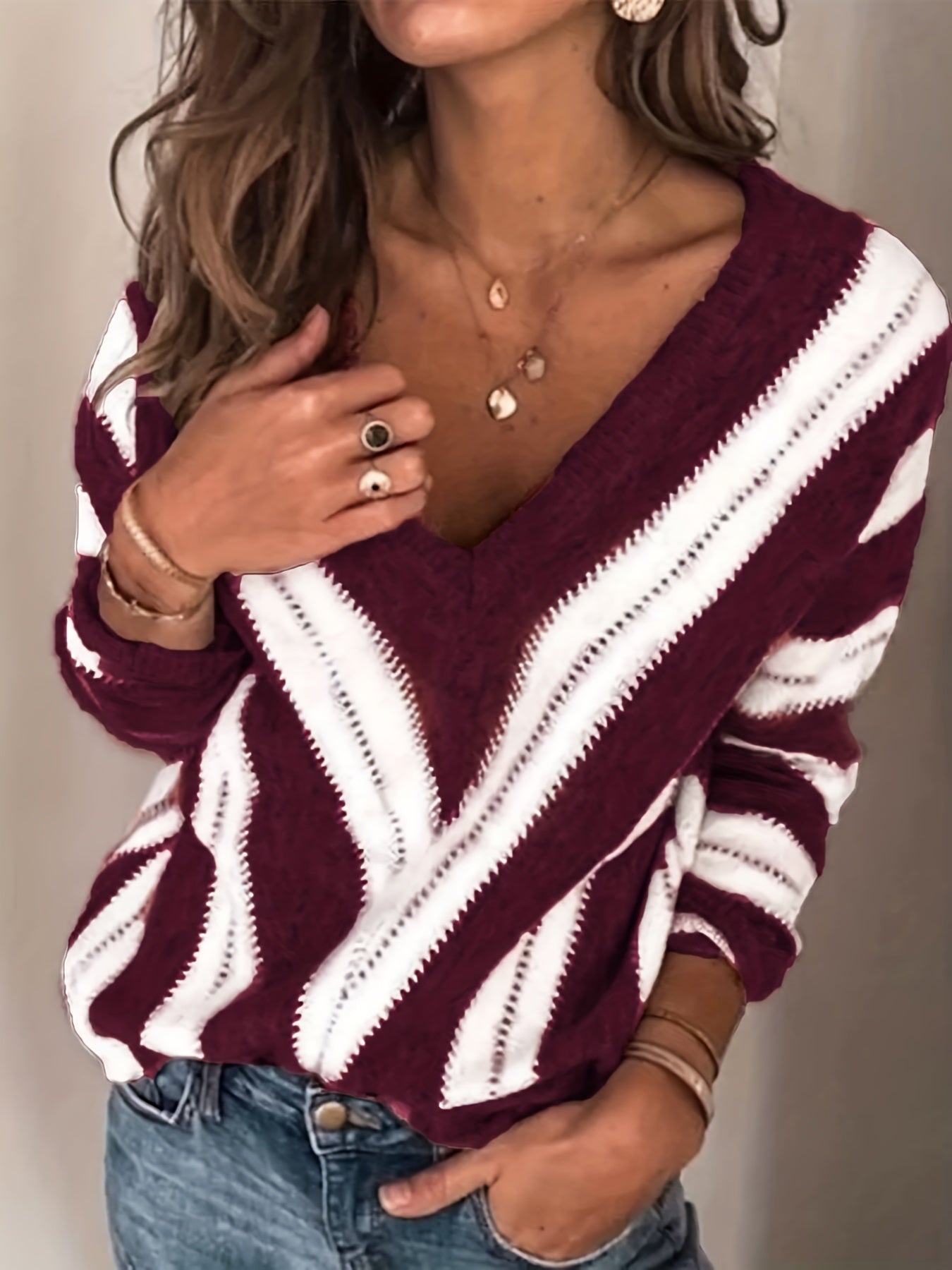 Antmvs Striped Pattern Eyelet Embroidered V Neck Pullover Sweater, Casual Long Sleeve Sweater For Fall & Winter, Women's Clothing