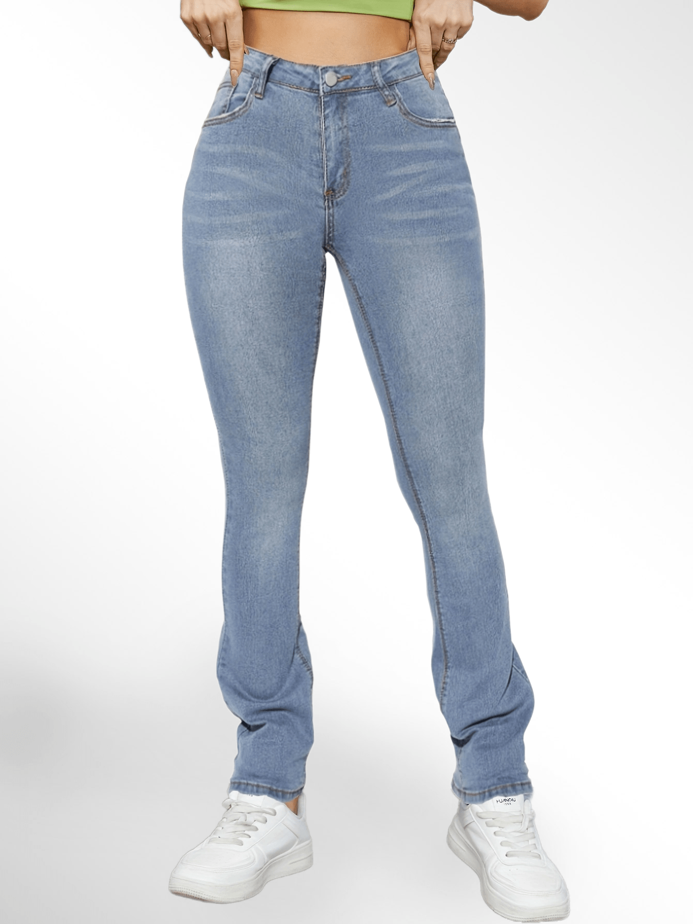 Antmvs Water Ripple Embossed Crotch Bootcut Jeans, Medium Blue Causal Stretchy Denim Pants, Women's Denim Jeans & Clothing