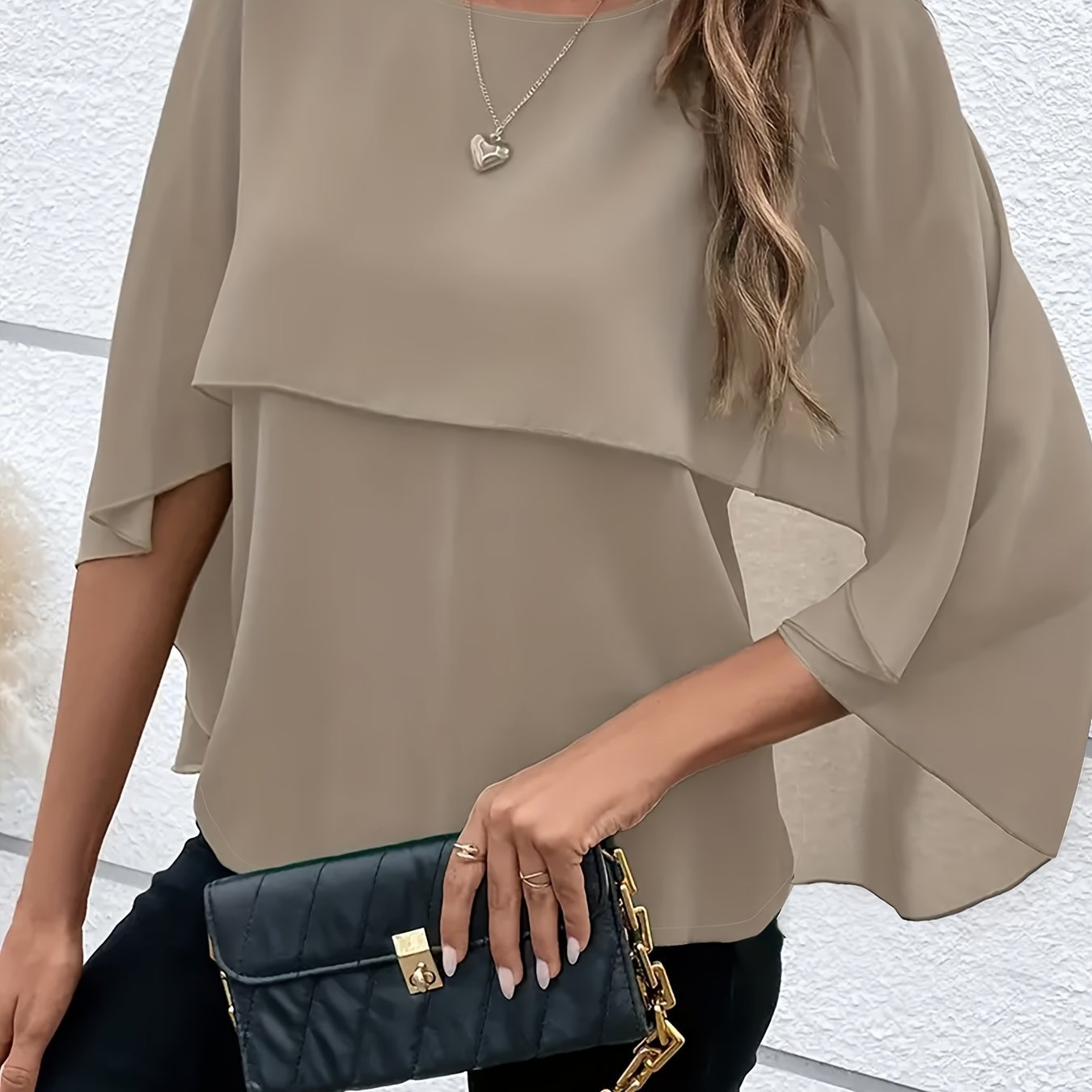 Chic Plus Size Cape Sleeve Blouse - Fashionable Solid Color, Comfortable Crew Neck, Perfect for Spring - Curvy Womens Clothing