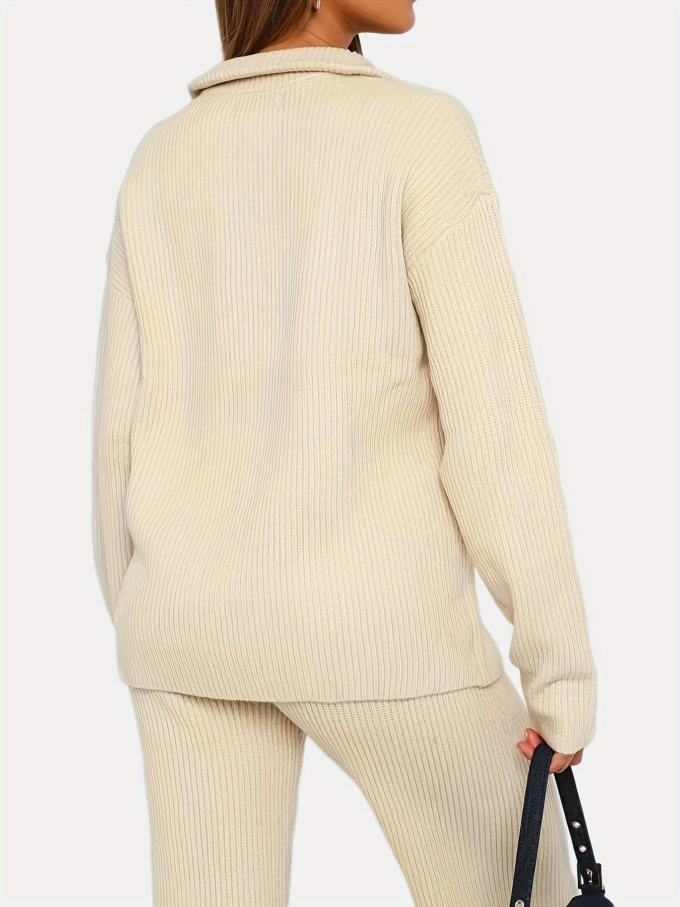 Antmvs Casual Solid Two-piece Set, Quarter Zip Long Sleeve Top & Split Hem Pants Outfits For Fall & Winter, Women's Clothing
