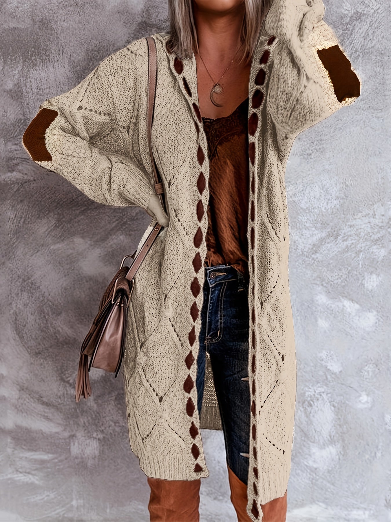 Antmvs Color Block Open Front Cardigan, Vintage Long Sleeve Knitted Cardigan For Spring & Fall, Women's Clothing