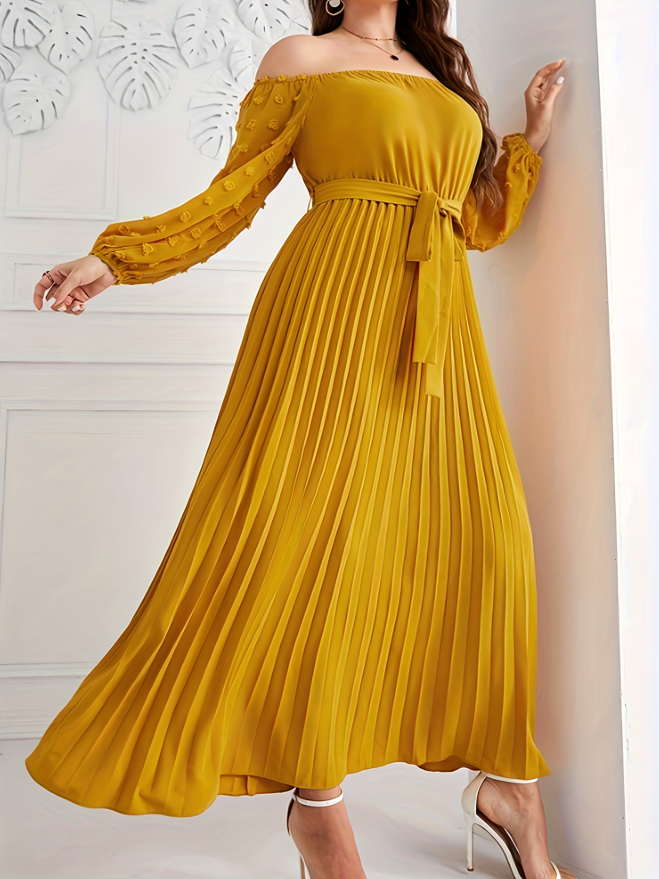 Antmvs Plus Size Casual Dress, Women's Plus Solid Swiss Dot Off Shoulder Lantern Sleeve Slight Stretch Pleated Maxi Dress With Belt