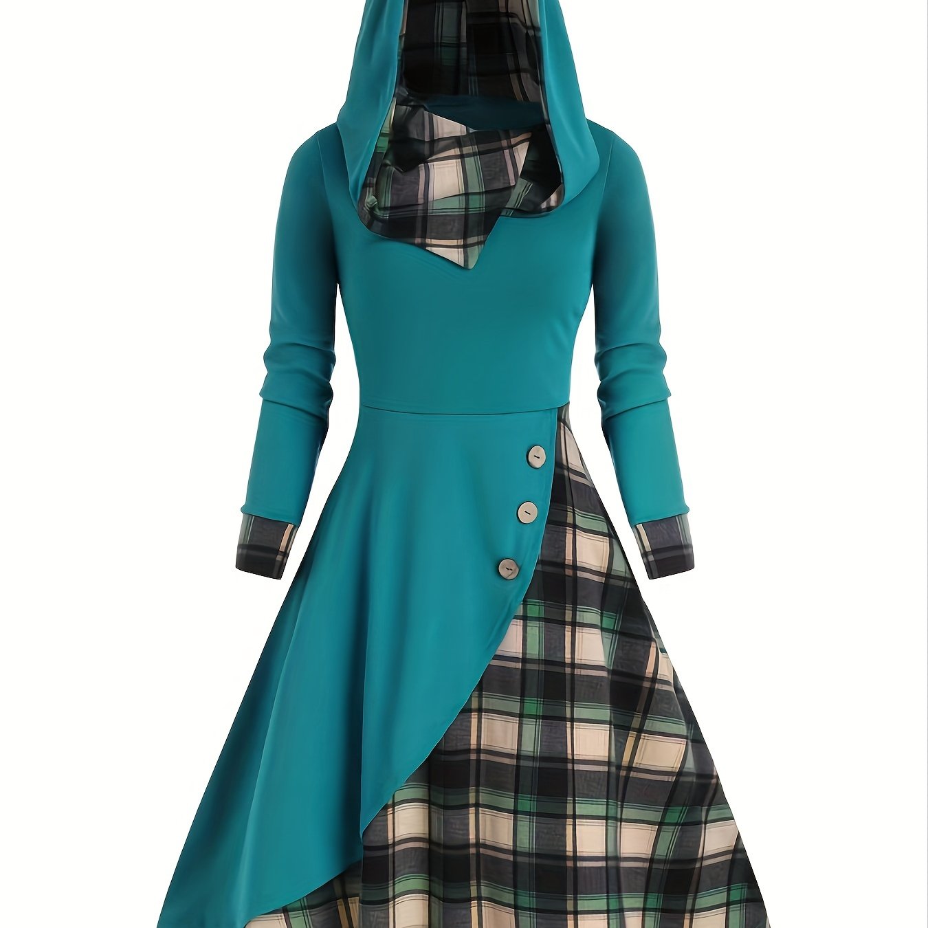 Antmvs Color Block Plaid Midi Dresses Sexy Nightclub Long Sleeve Hooded Cloak Hoodie Dress Victorian Pirate Millennial Frock