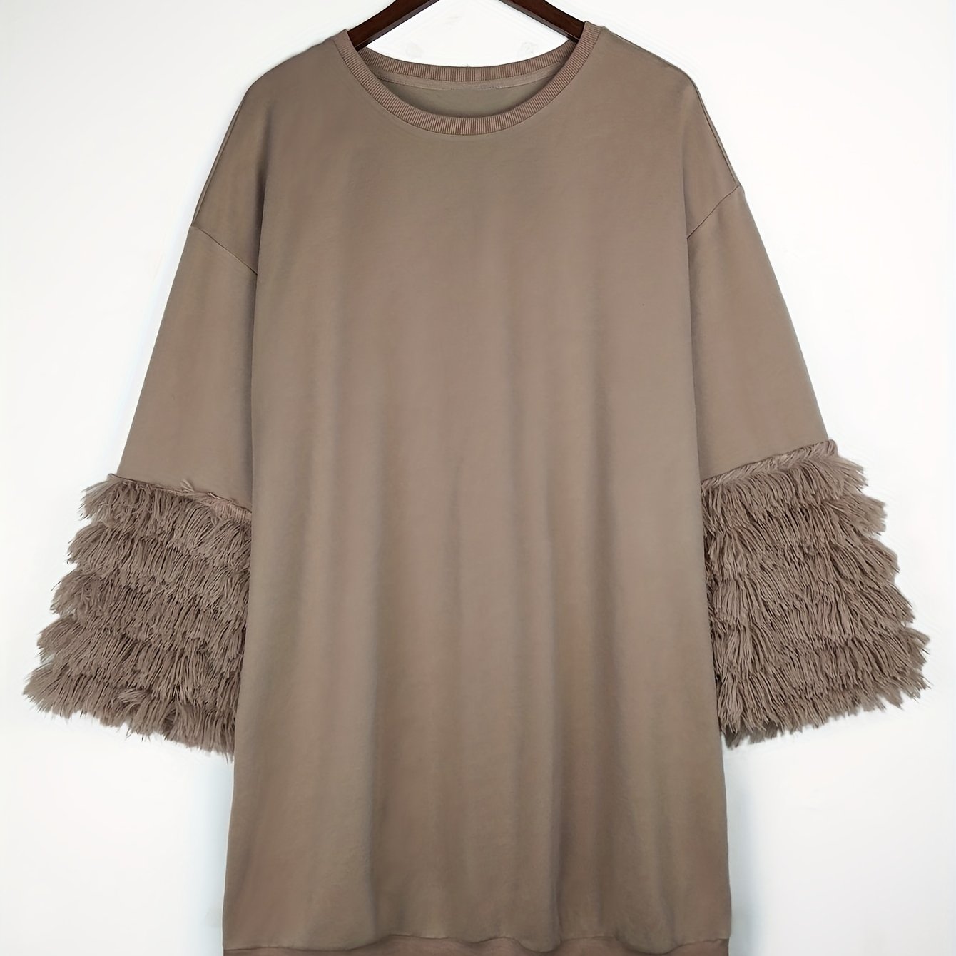 Antmvs Plus Size Casual Sweatshirt, Women's Plus Solid Layered Tassel Decor Long Sleeve Round Neck Pullover Top