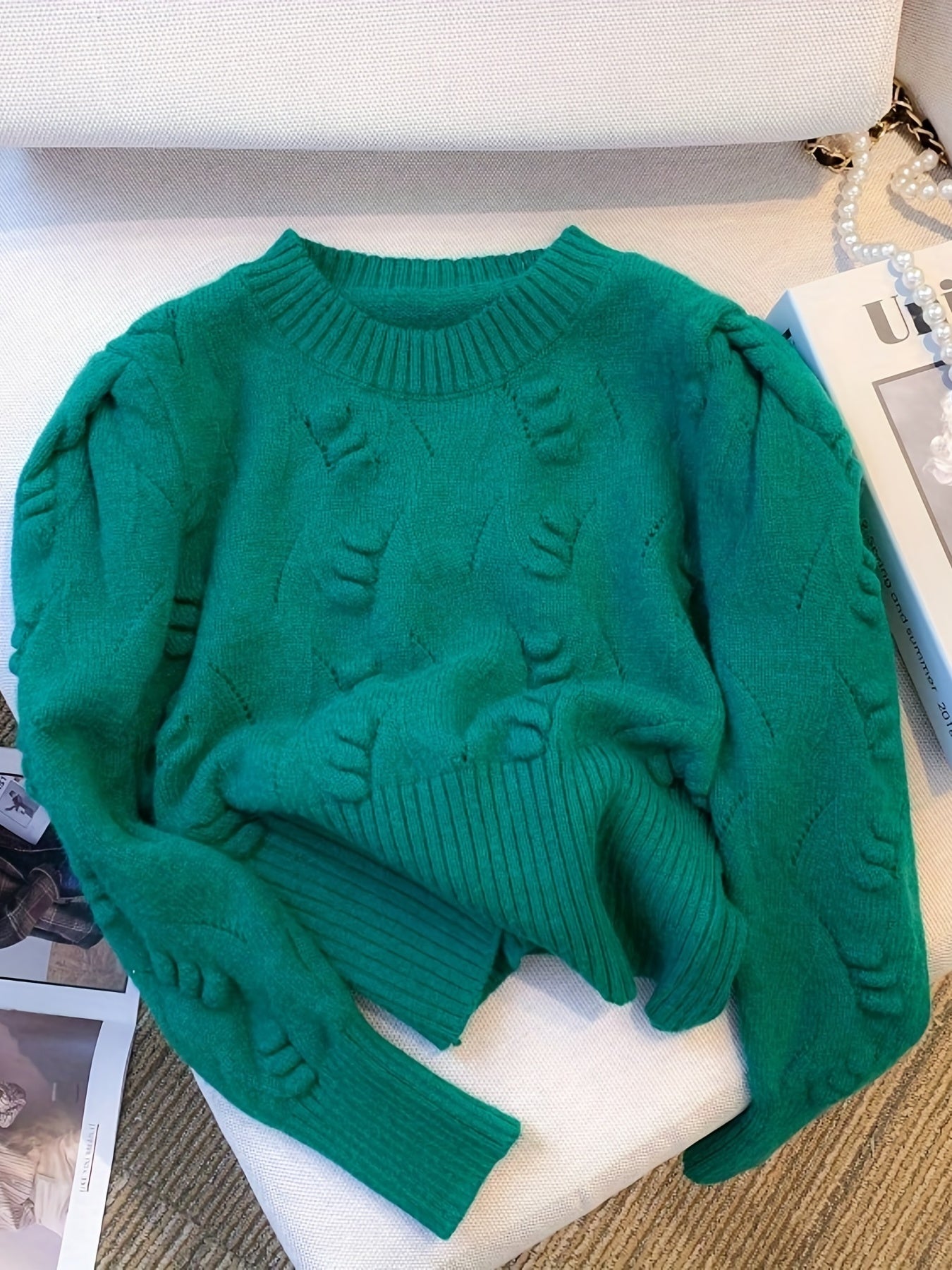 Antmvs Solid Rib Knit Sweater, Casual Crew Neck Long Sleeve Sweater, Women's Clothing