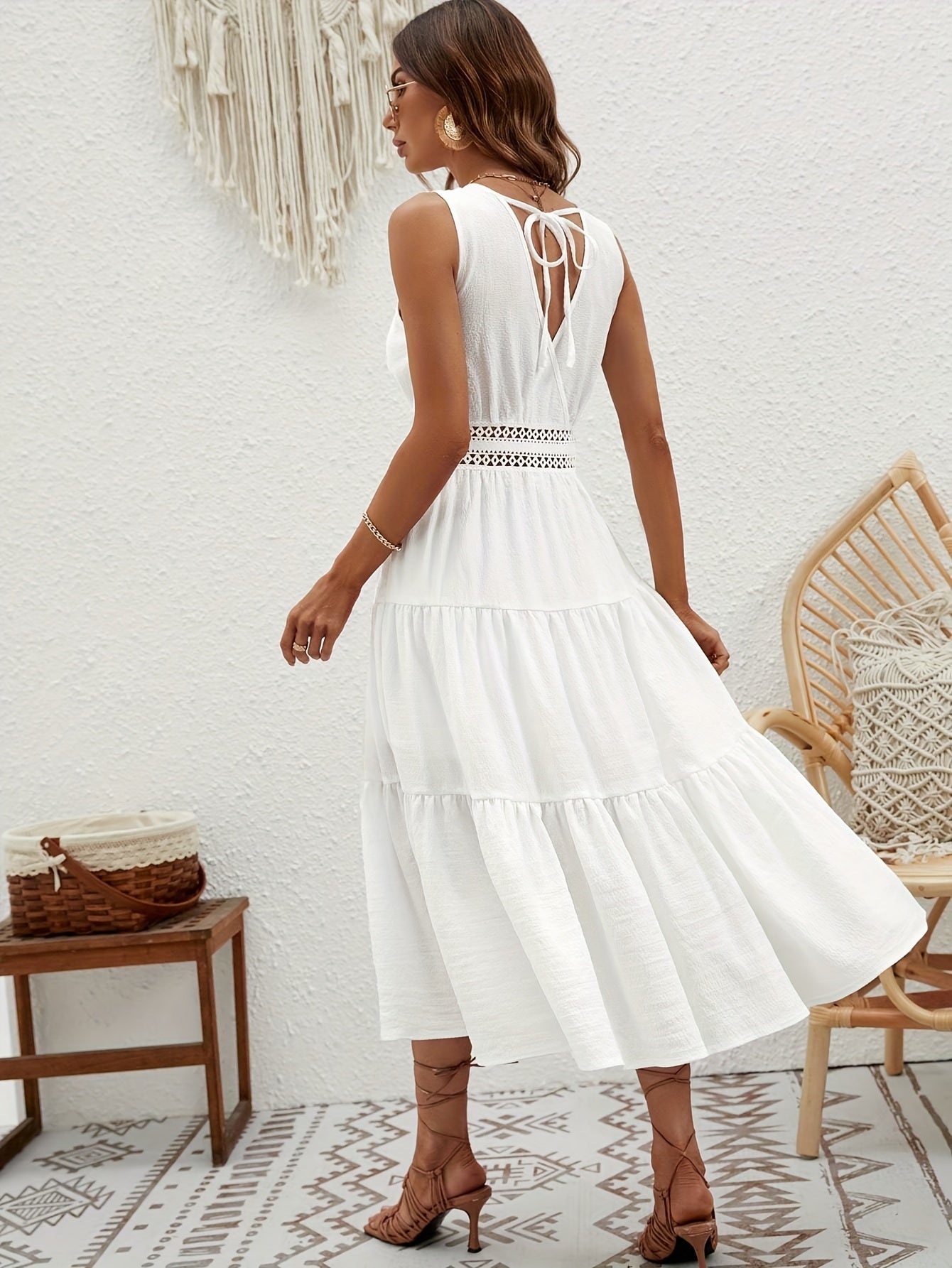 Antmvs Tie Back Solid Midi Dress, Casual V Neck Sleeveless Tiered Dress, Women's Clothing