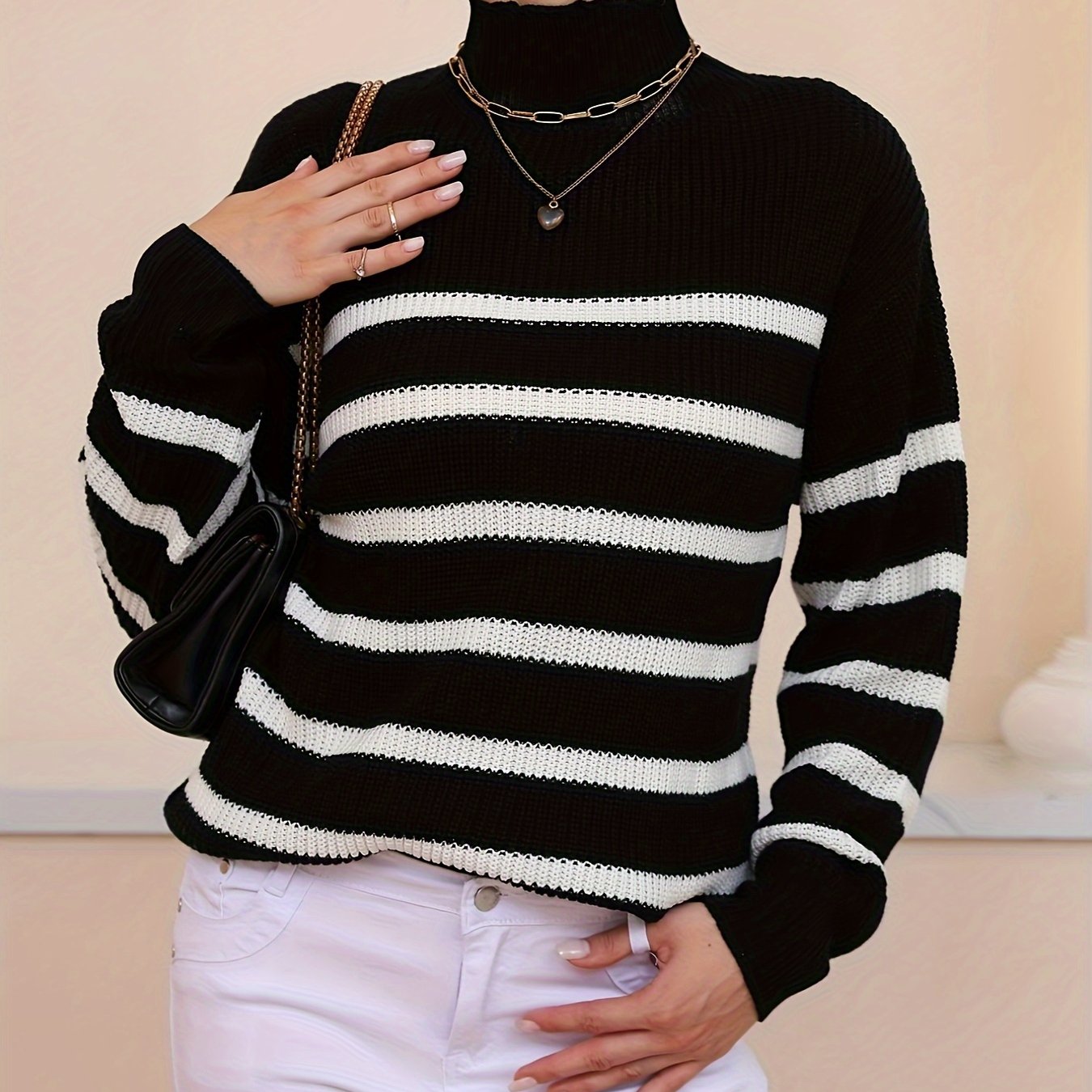 Antmvs Striped Turtle Neck Pullover Sweater, Casual Long Sleeve Sweater, Women's Clothing