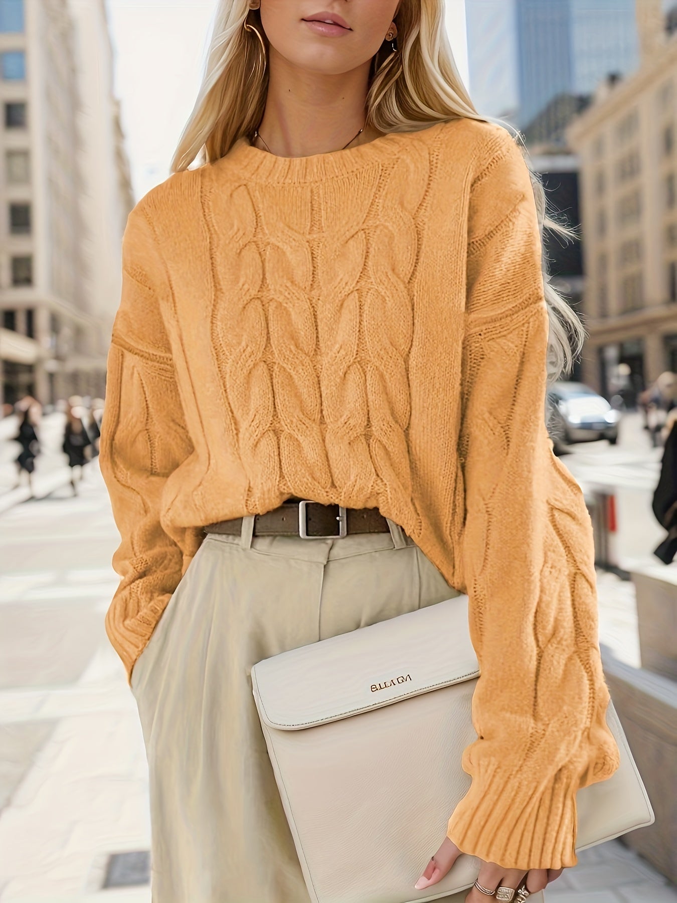 Antmvs Textured Crew Neck Sweater, Versatile Long Sleeve Sweater For Fall & Winter, Women's Clothing