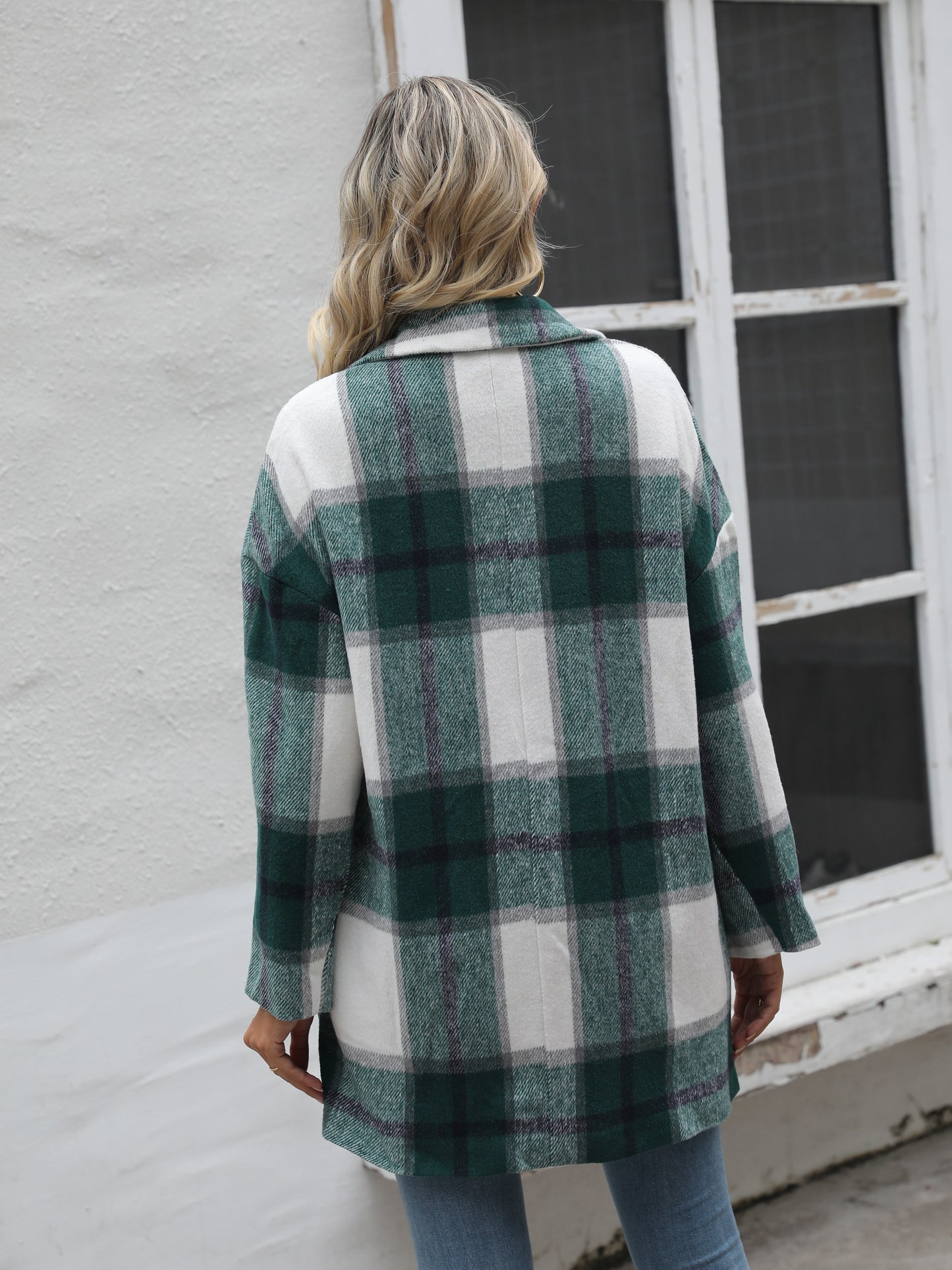 Antmvs Gingham Button Drop Shoulder Coat, Casual Long Sleeve Fashion Loose Plaid Outerwear, Women's Clothing
