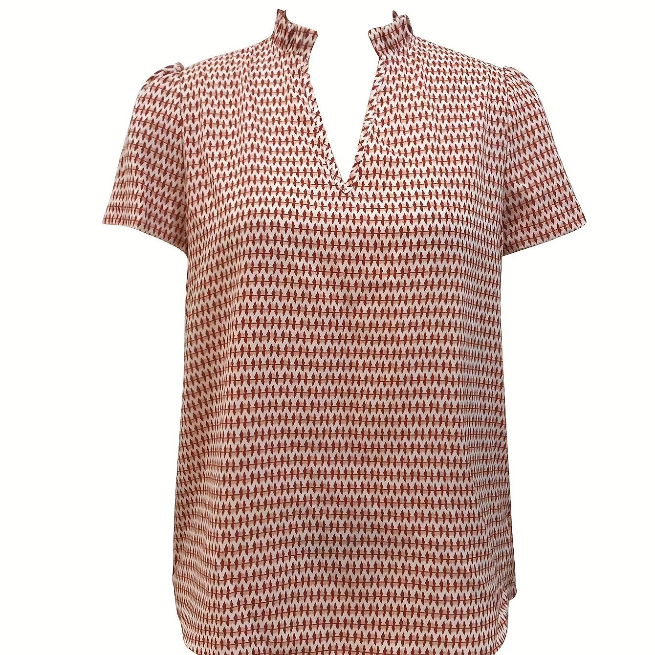 Antmvs Allover Print Notched Neck Blouse, Casual Short Sleeve Blouse For Spring & Summer, Women's Clothing