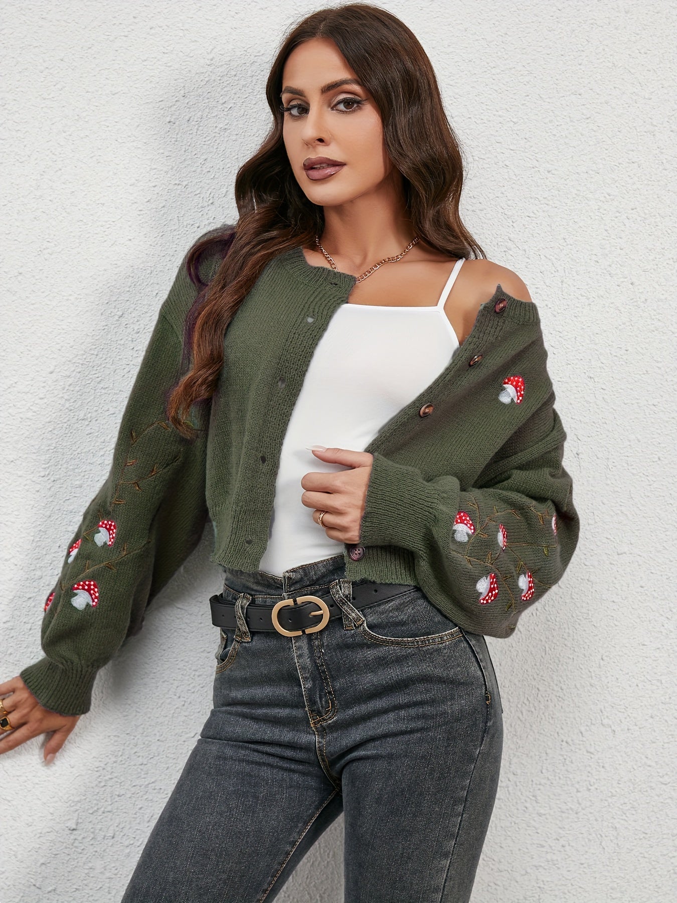 Antmvs Mushroom Embroidered Print Knit Cardigan, Casual Button Front Long Sleeve Sweater, Women's Clothing