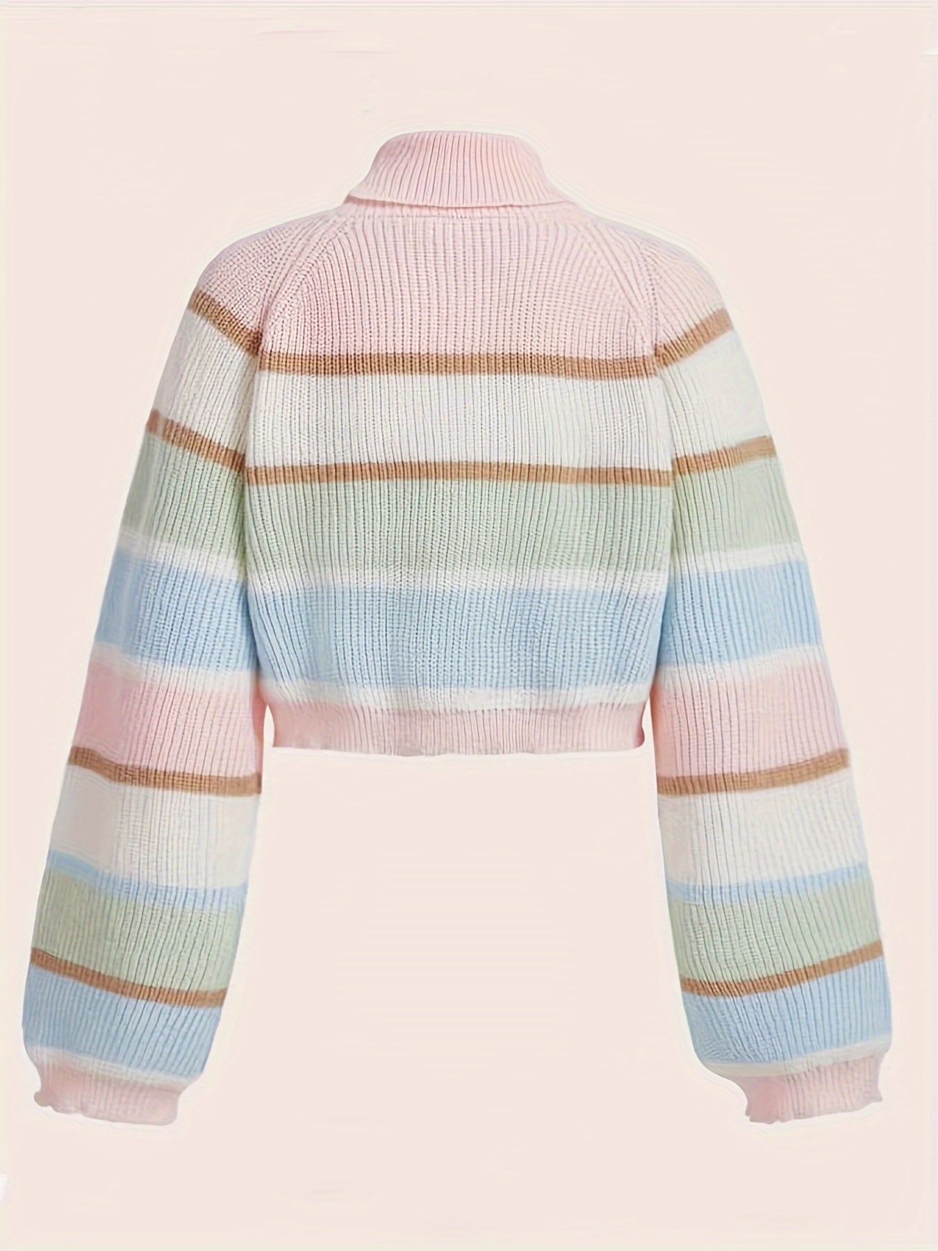 Antmvs Bear Pattern Striped Pullover Sweater, Cute Turtle Neck Long Sleeve Crop Sweater, Women's Clothing