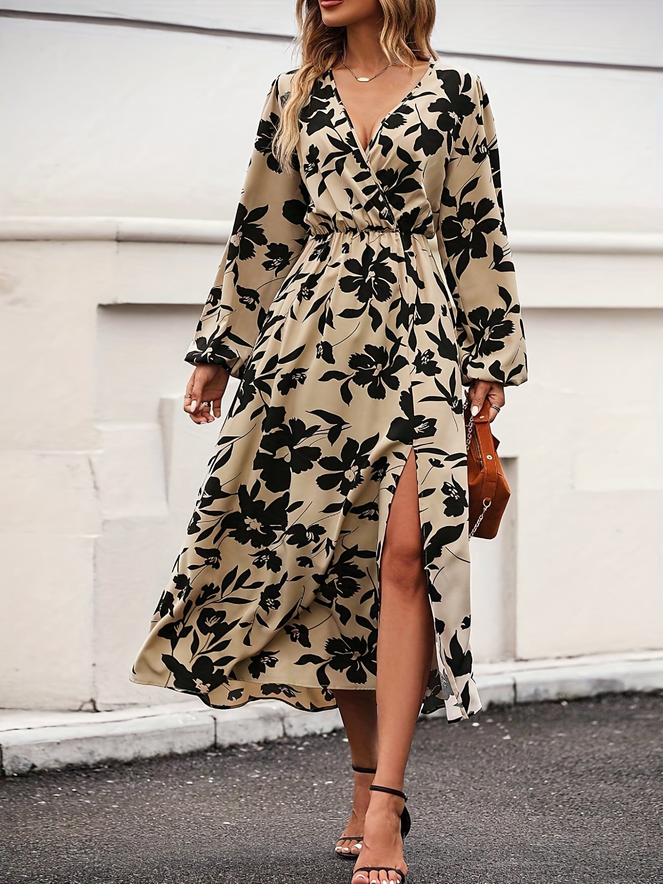 Antmvs Floral Print Split V Neck Dress, Elegant Long Sleeve Dress For Spring & Fall, Women's Clothing