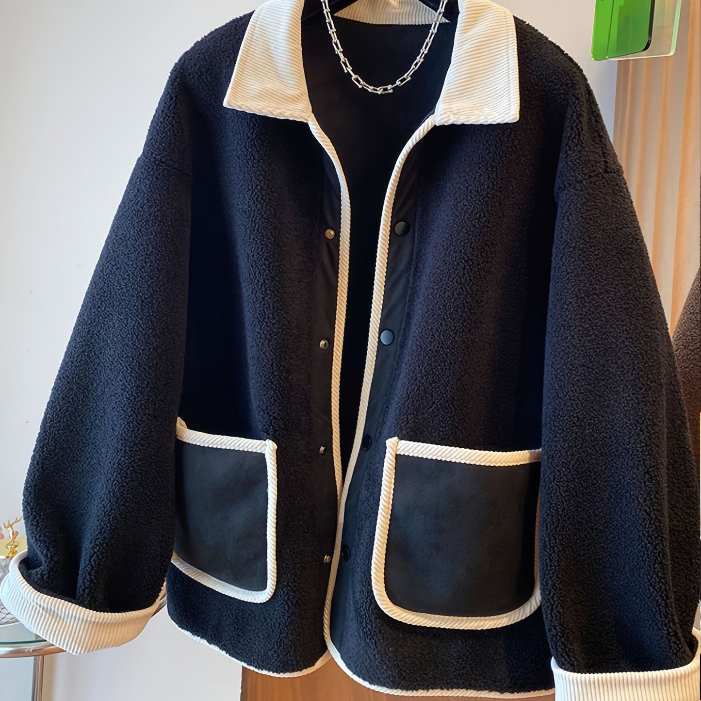 Antmvs Contrast Trim Patched Pockets Outwear, Versatile Long Sleeve Button Front Coat For Fall & Winter, Women's Clothing