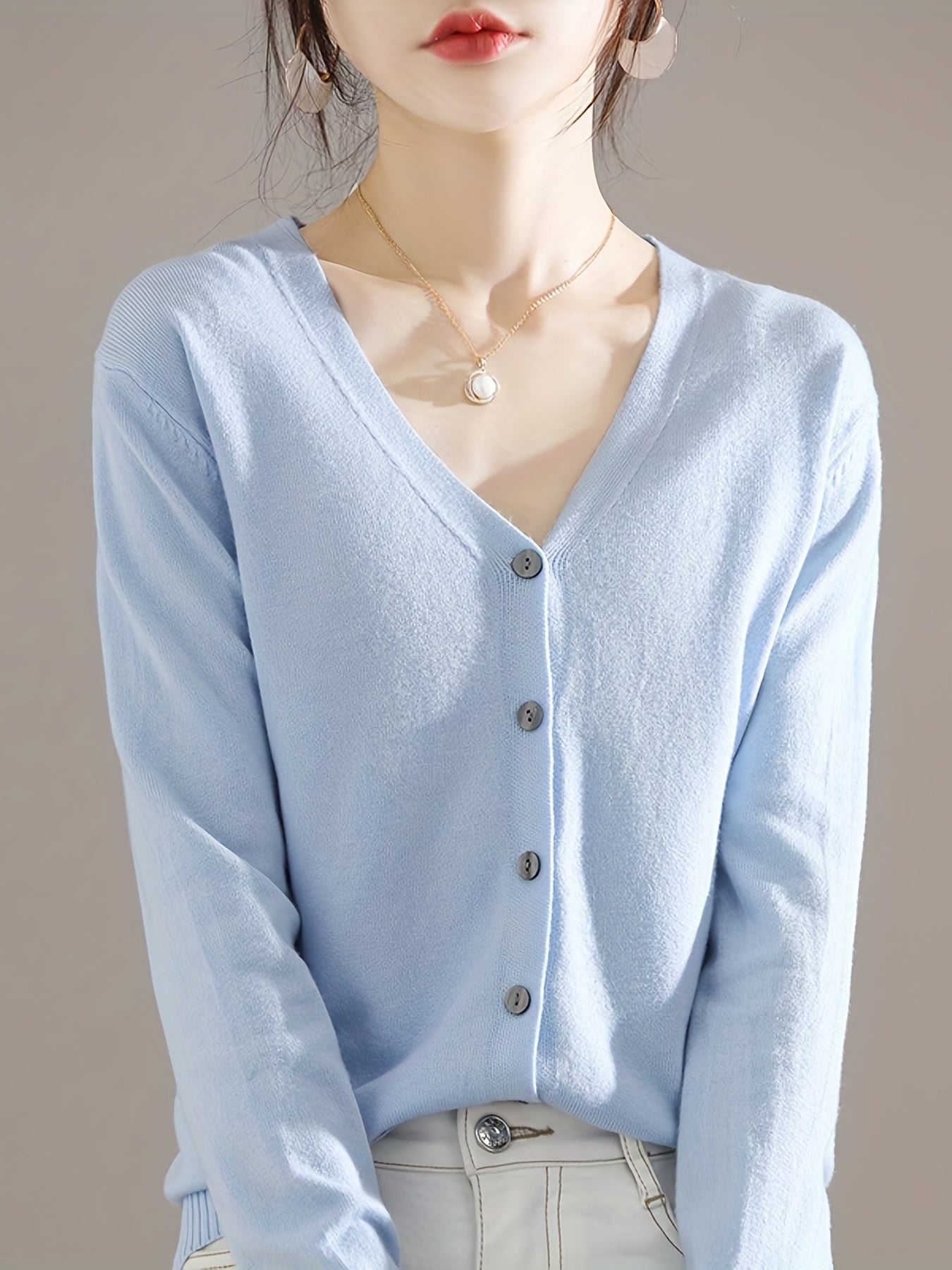Antmvs Elegant V-neck Solid Cardigan, Long Sleeve Cardigan For Spring & Fall, Women's Clothing
