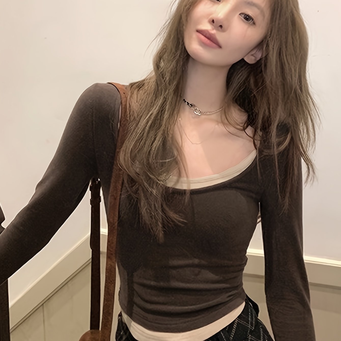 Antmvs Contrast Trim Crew Neck Crop T-Shirt, Casual Long Sleeve T-Shirt For Spring & Fall, Women's Clothing