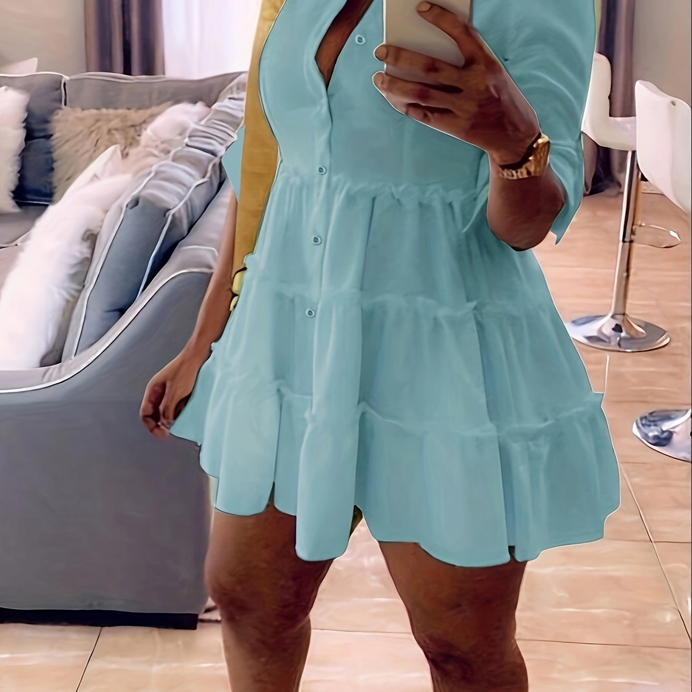 Antmvs Ruffle Layered Hem Shirt Dress, Casual Button Dress For Spring & Summer, Women's Clothing