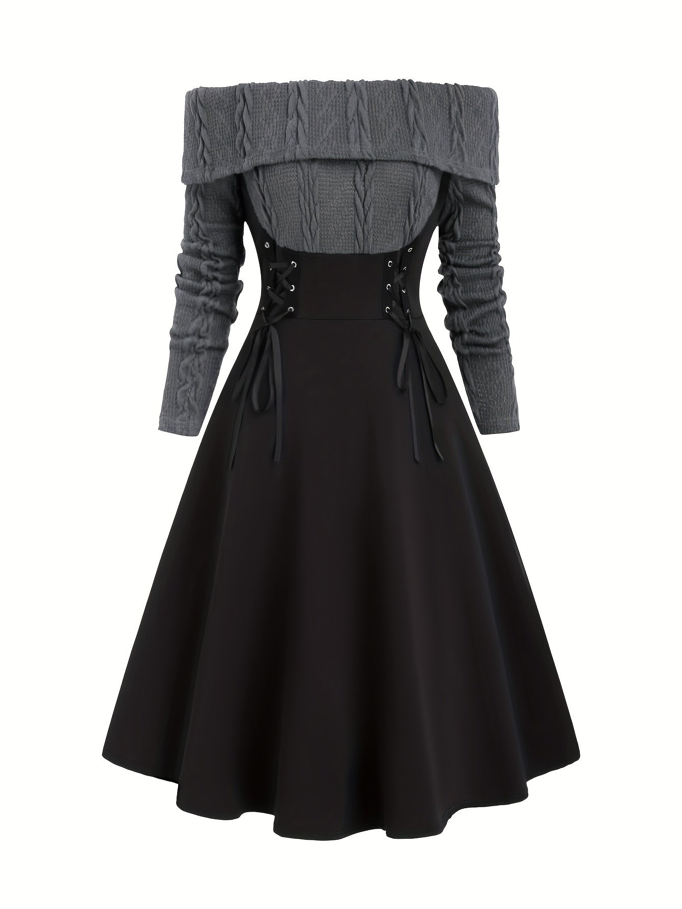 Antmvs Color Block Off Shoulder Dress, Elegant Vintage Long Sleeve Dress, Women's Clothing