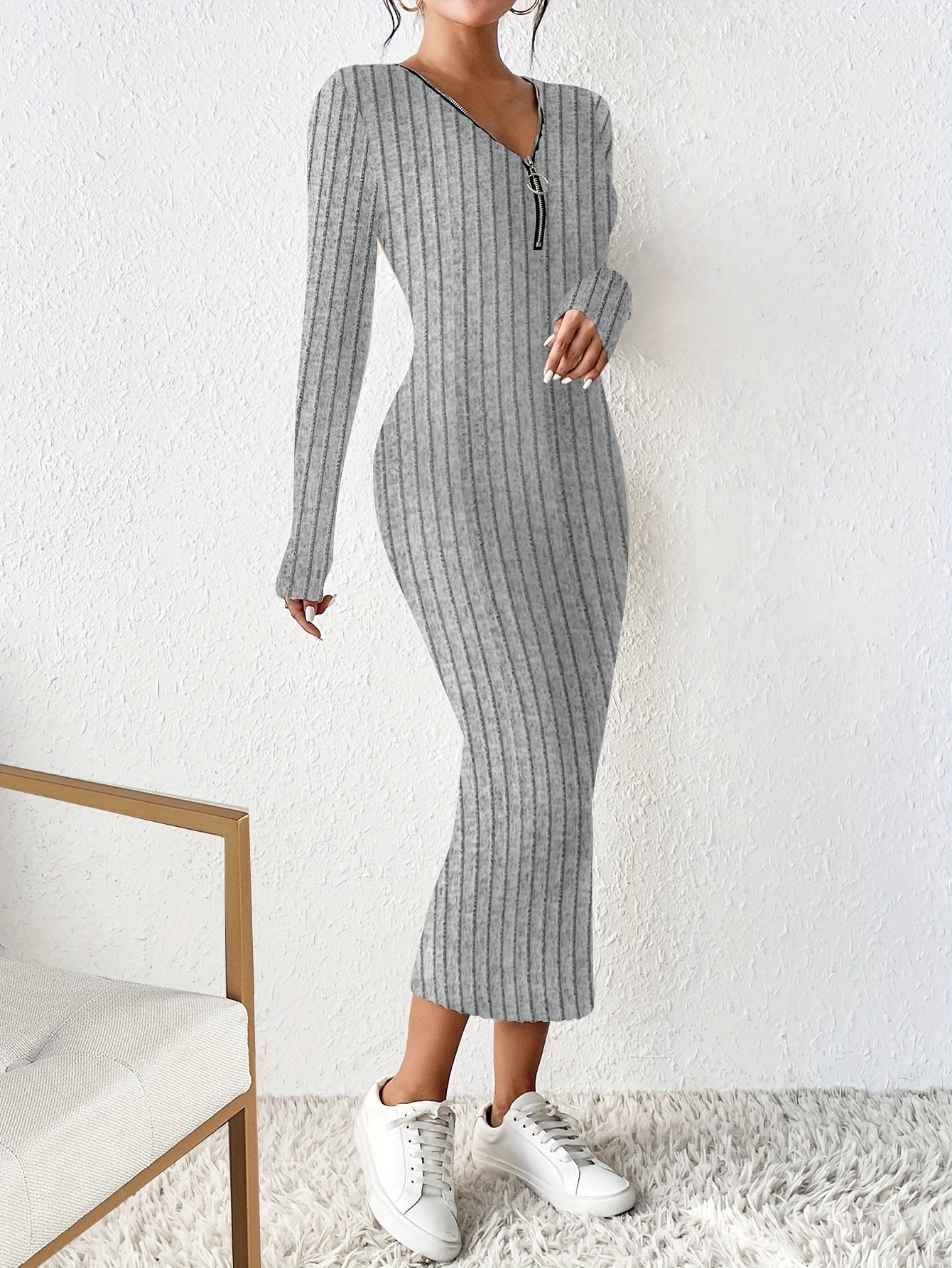 Antmvs Half Zip Ribbed Dress, Casual Solid Long Sleeve Every Day Dress, Women's Clothing