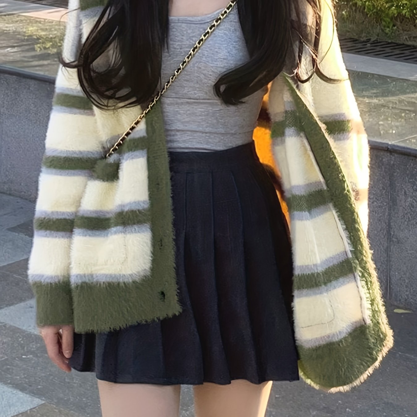 Antmvs Striped Button Down Knit Cardigan, Cute Long Sleeve Loose Sweater With Pocket, Women's Clothing