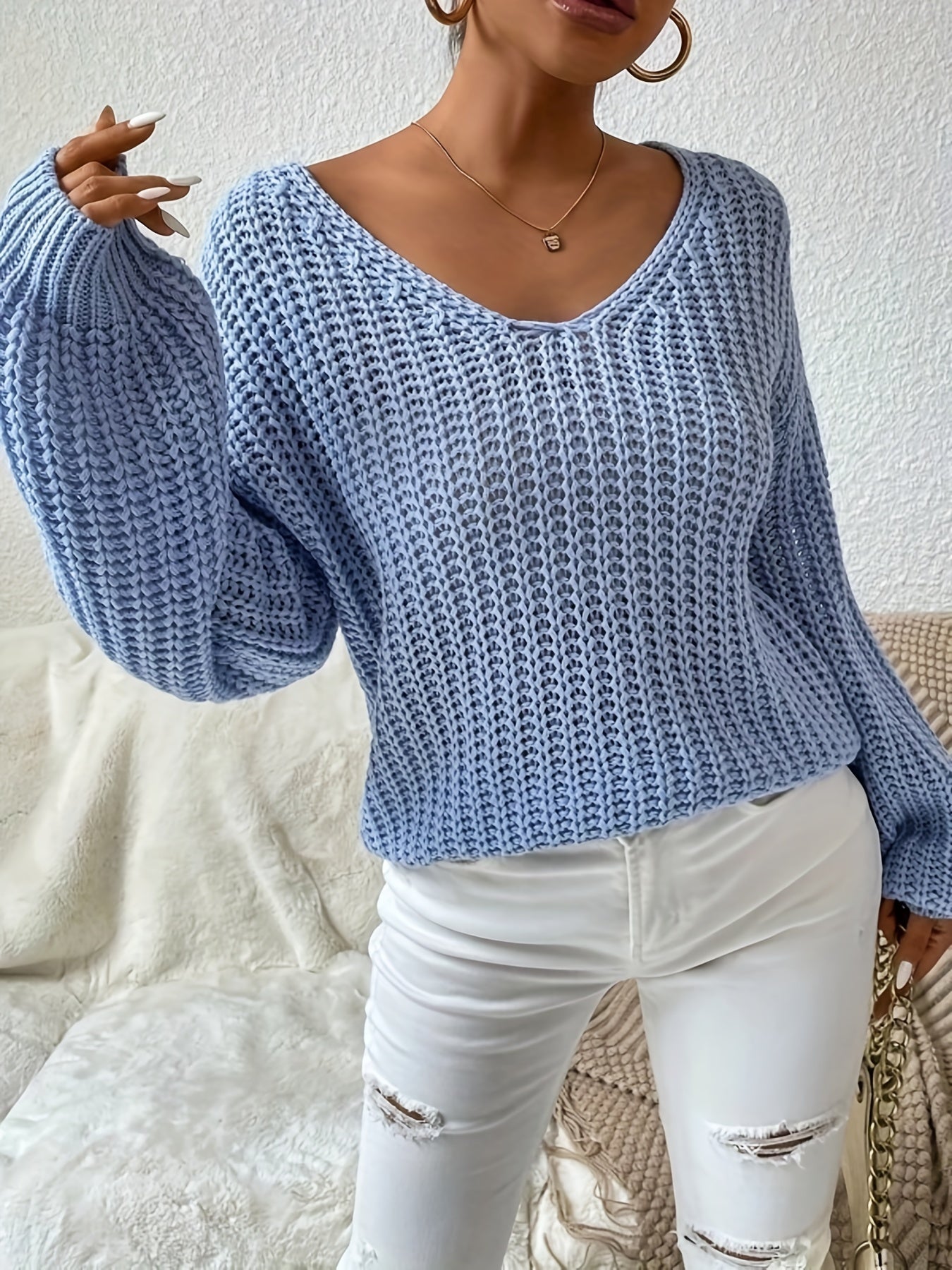 Antmvs V-neck Drop Shoulder Sweater, Casual Long Sleeve Sweater For Fall & Winter, Women's Clothing