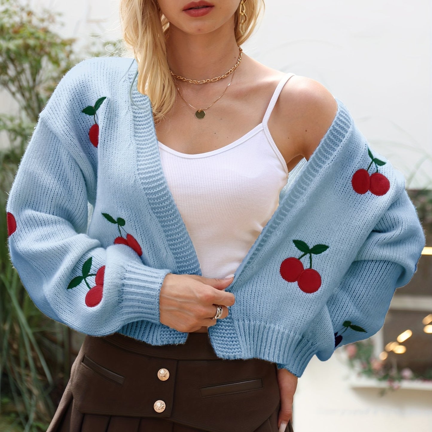 Antmvs Cherry Embroidered Knit Cardigan, Casual Open Front Long Sleeve Sweater, Women's Clothing