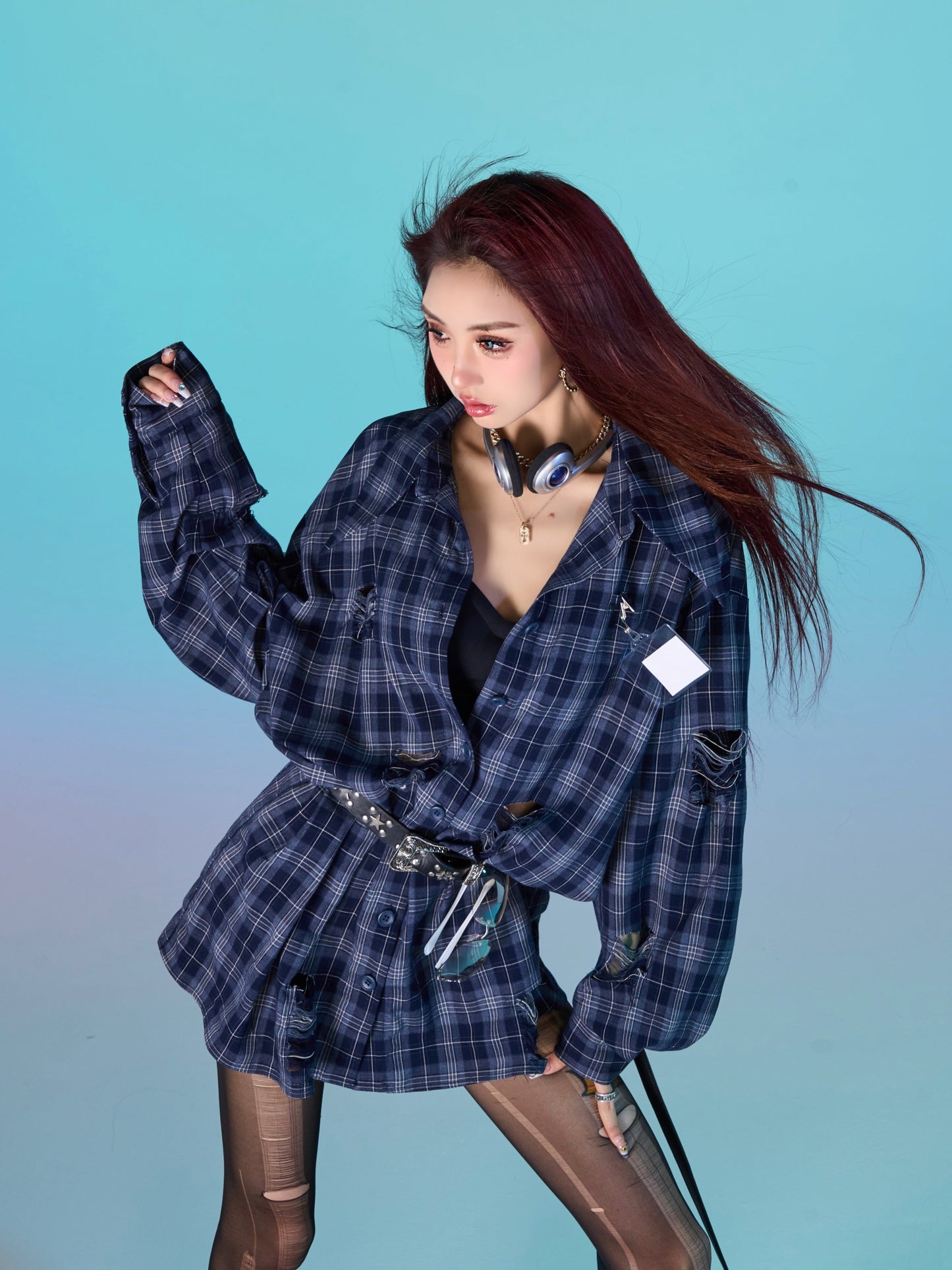 Antmvs Keebly Blue Plaid Long Sleeve Distressed Boyfriend Button Up Shirt Top