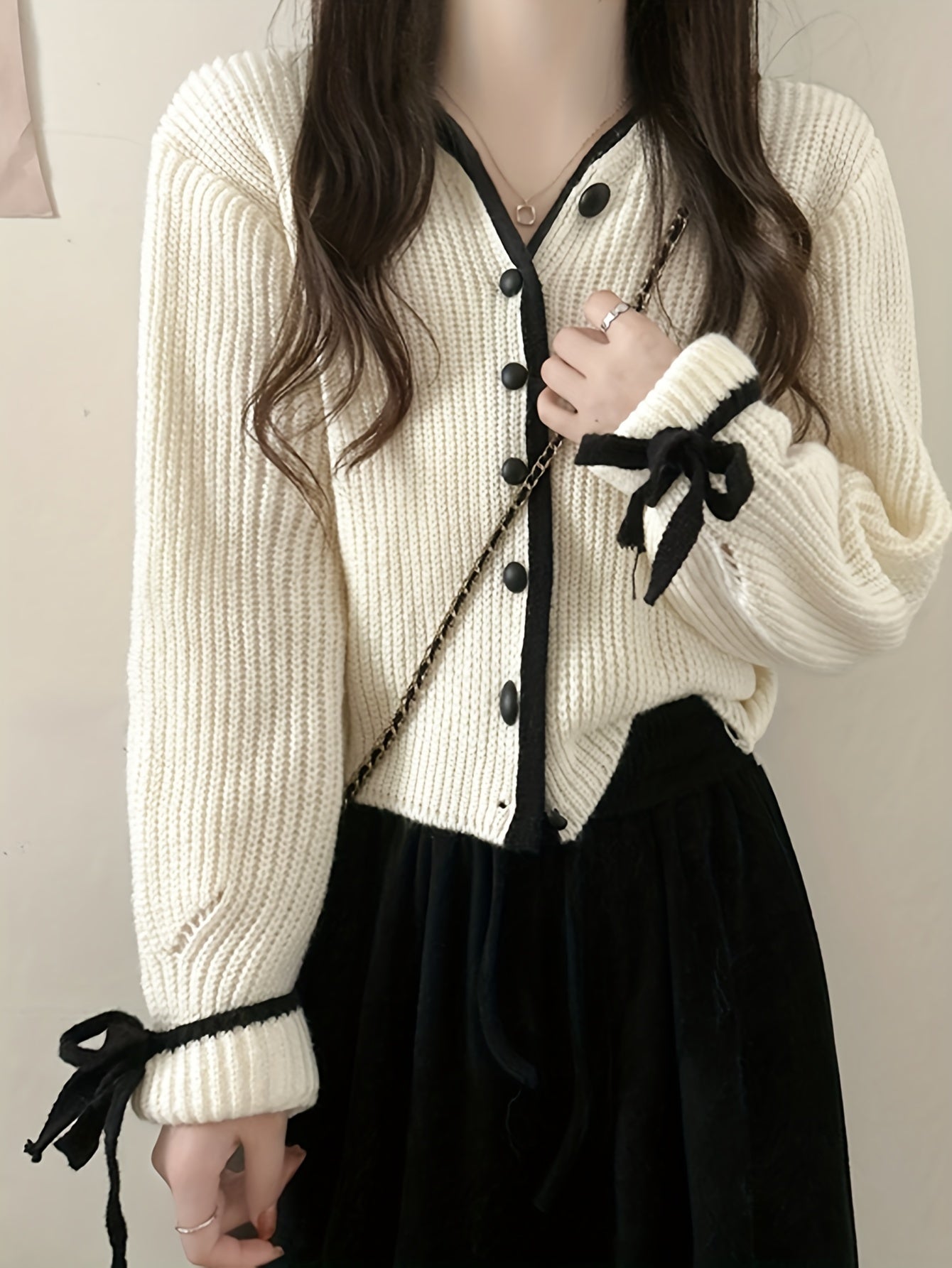 Antmvs Lace Up Button Down Knit Cardigan, Casual V Neck Long Sleeve Fashion Sweater, Women's Clothing