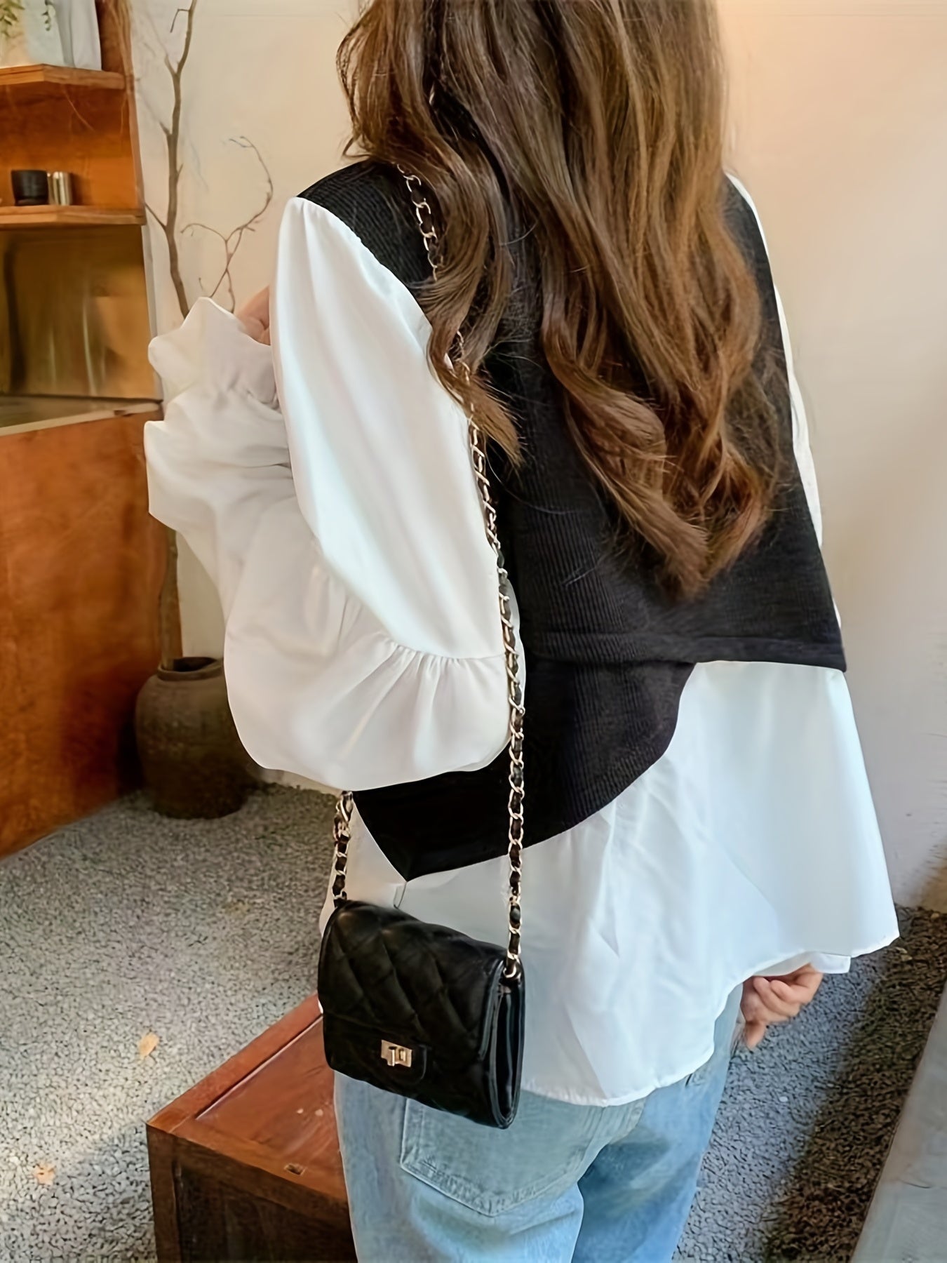 Antmvs Stitching Puff Sleeve Knitted Top, Elegant Crew Neck Long Sleeve Top, Women's Clothing
