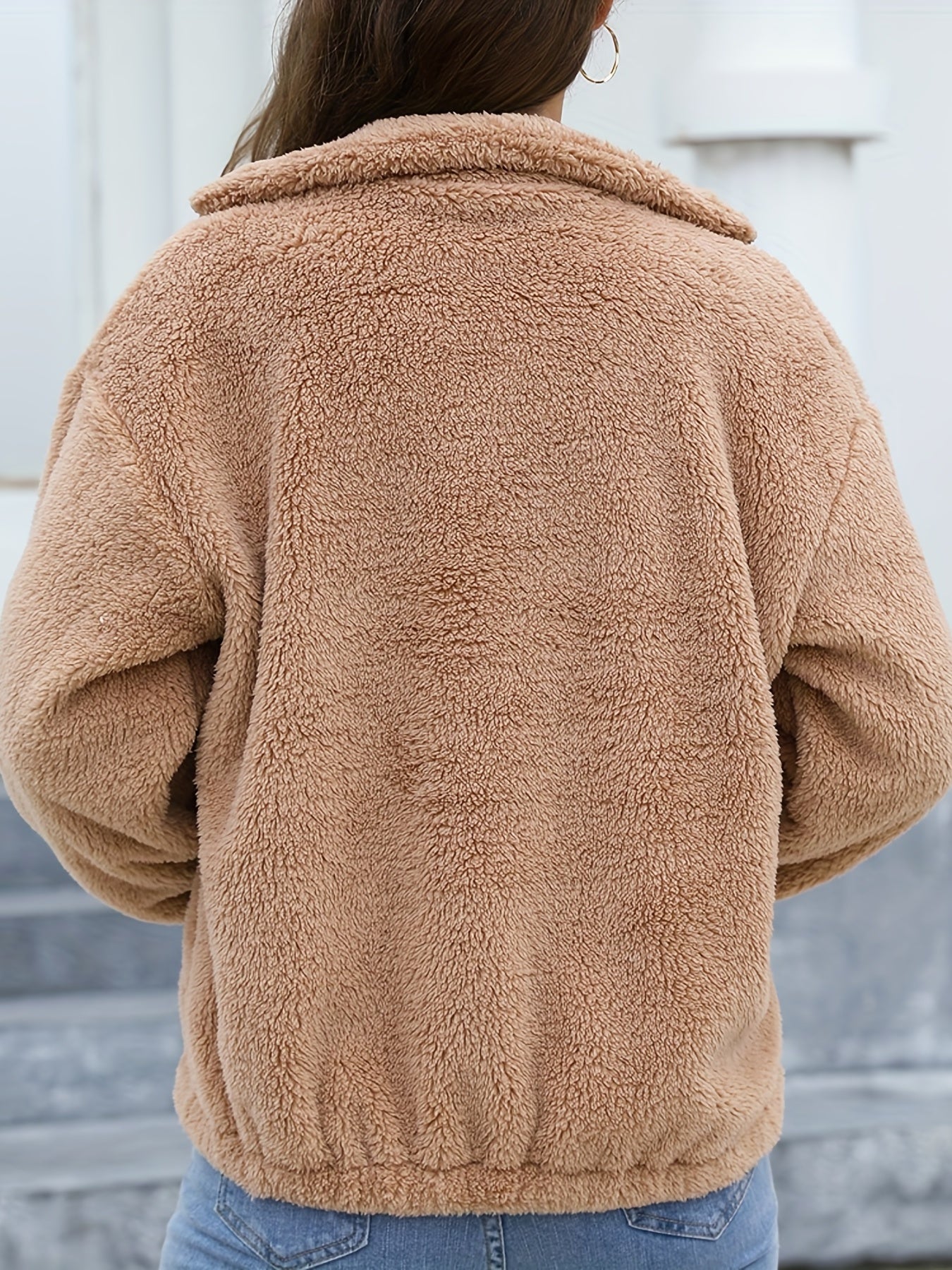 Antmvs Fuzzy Zip Up Jacket, Casual Long Sleeve Solid Outerwear, Women's Clothing