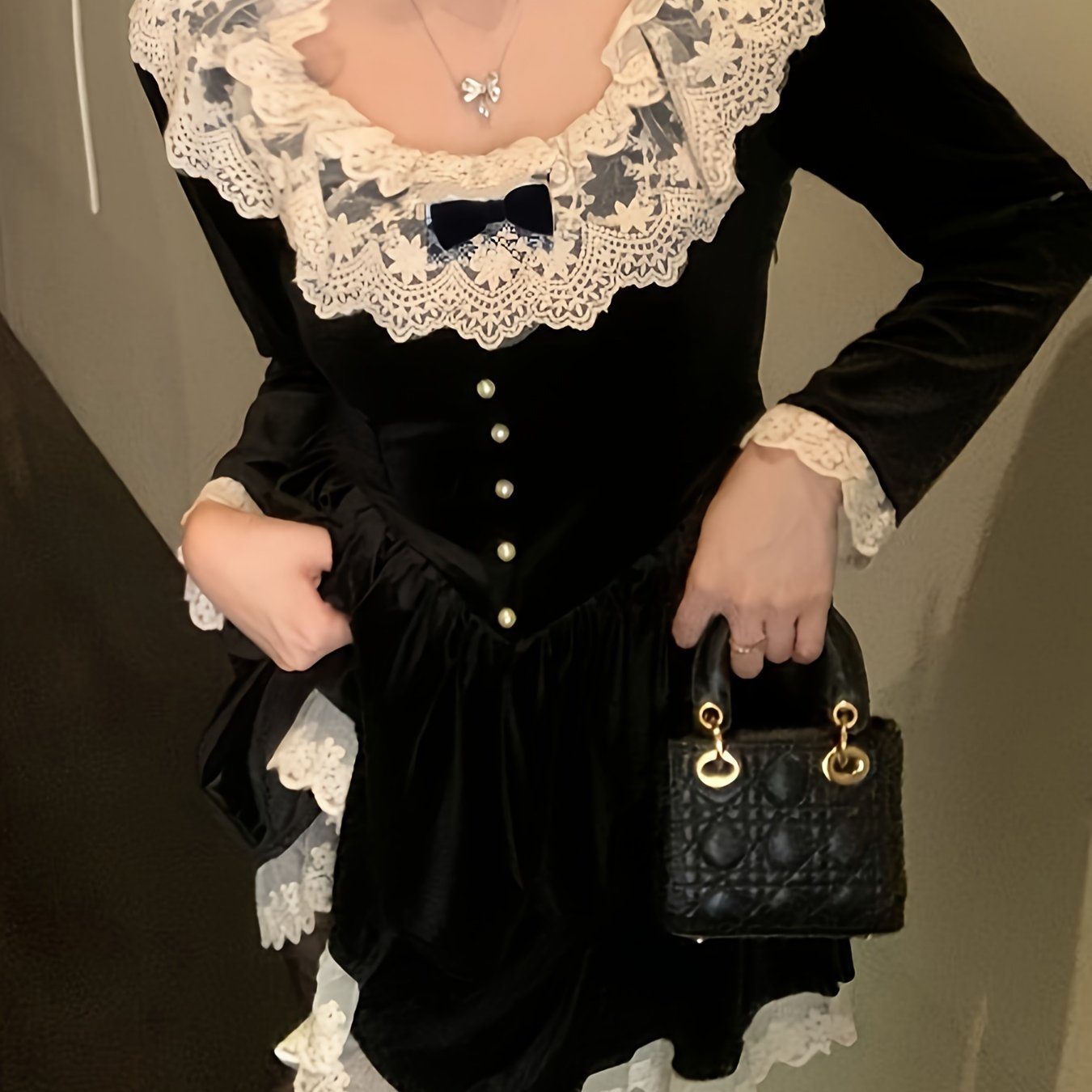 Antmvs Contrast Trim Lace Splicing Velvet Dress, Sweet Button Front Bow Decor Dress For Spring & Fall, Women's Clothing