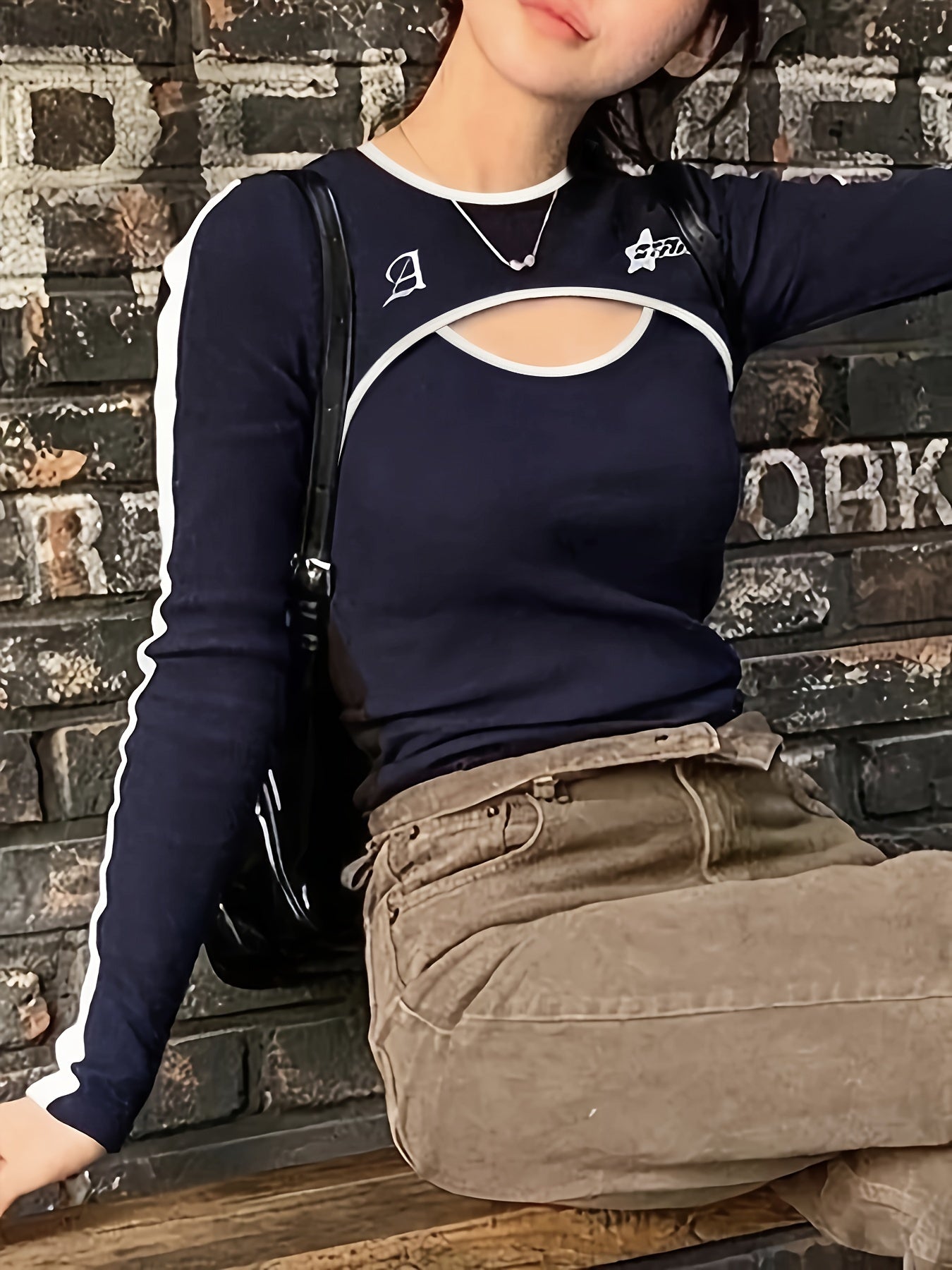 Antmvs Crew Neck Cut Out T-Shirt, Y2K Long Sleeve Embroidered T-Shirt For Every Day, Women's Clothing