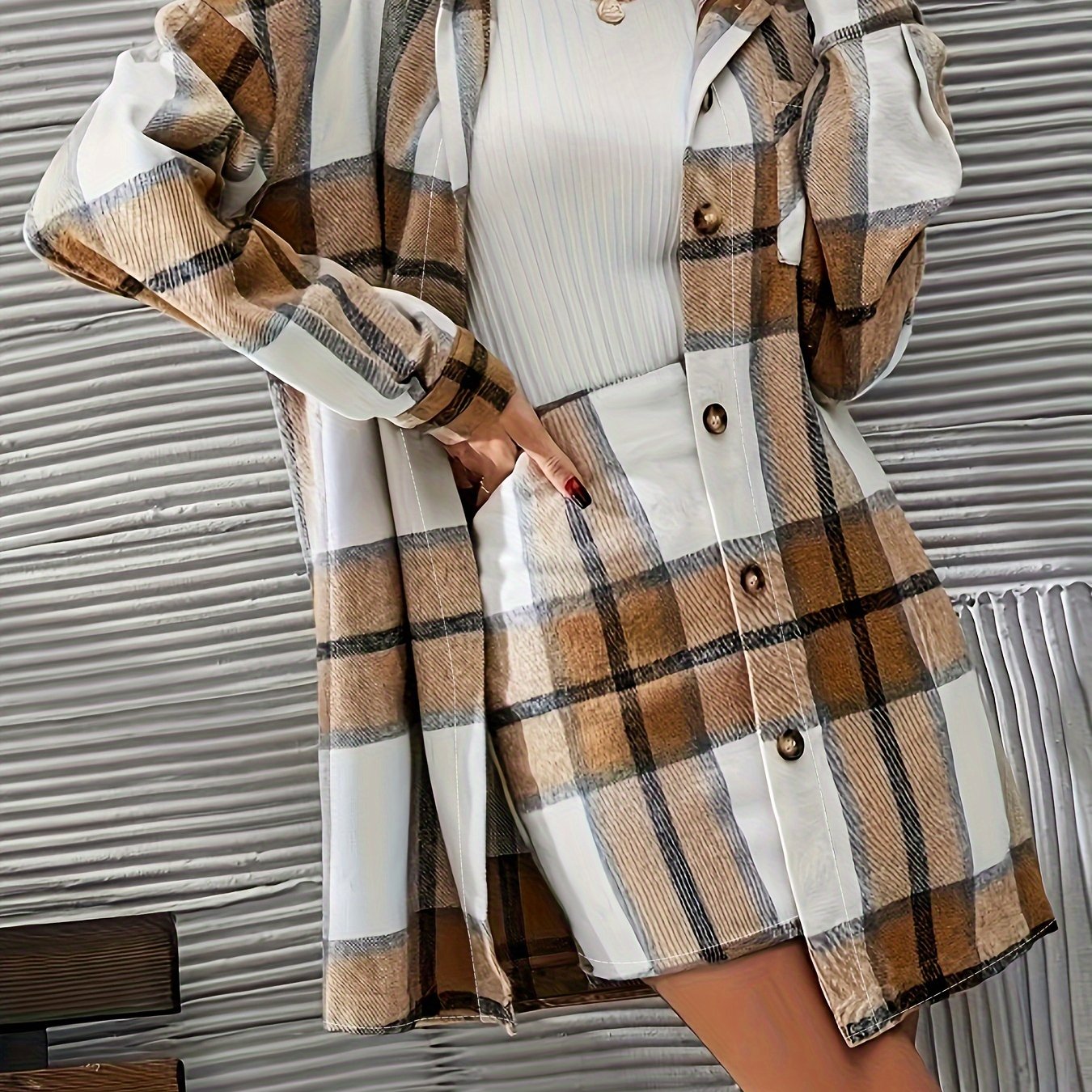 Antmvs Plaid Print Casual Two-piece Set, Button Front Long Sleeve Shirt & Bag Hip Skirts Outfits, Women's Clothing