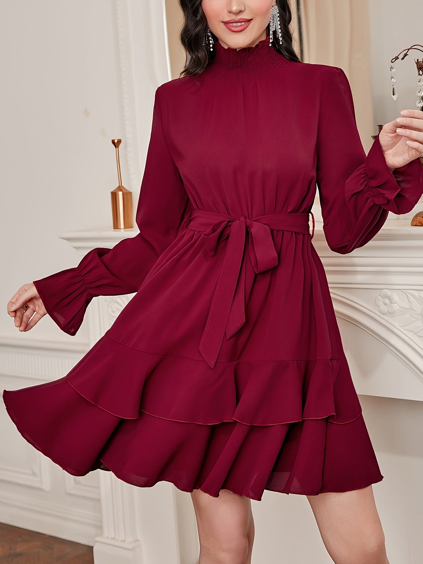 Antmvs Ruffle Hem Layered Dress, Elegant Long Sleeve High Neck Dress, Women's Clothing