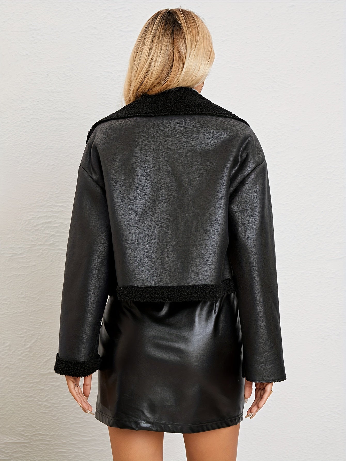 Antmvs Solid Faux Fur Decor Jacket, Versatile Zipper Drop Shoulder Jacket, Women's Clothing