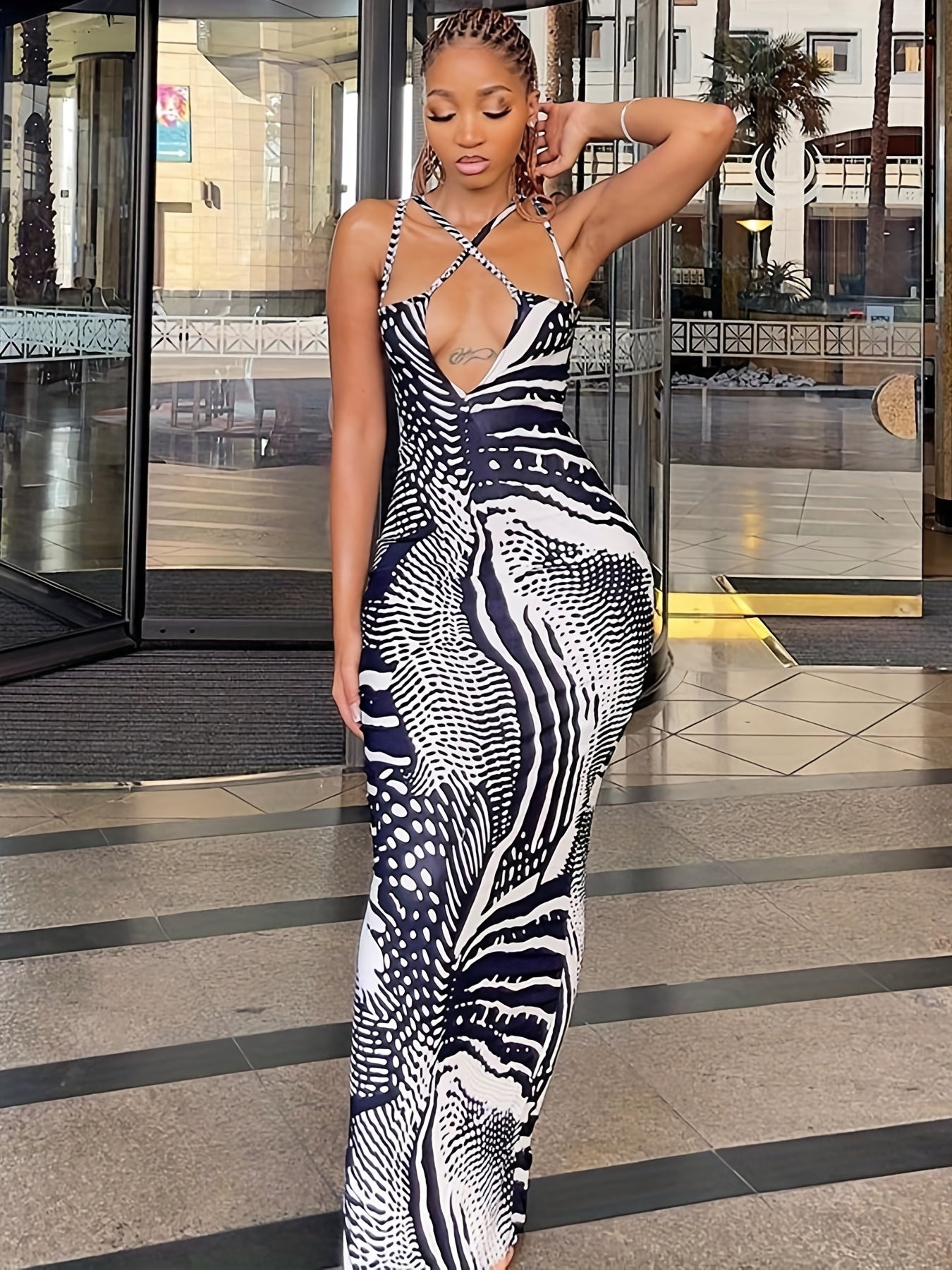 Antmvs Plunging V-neck Bodycon Dress, Crisscross Backless Cami Club Dress, Women's Clothing