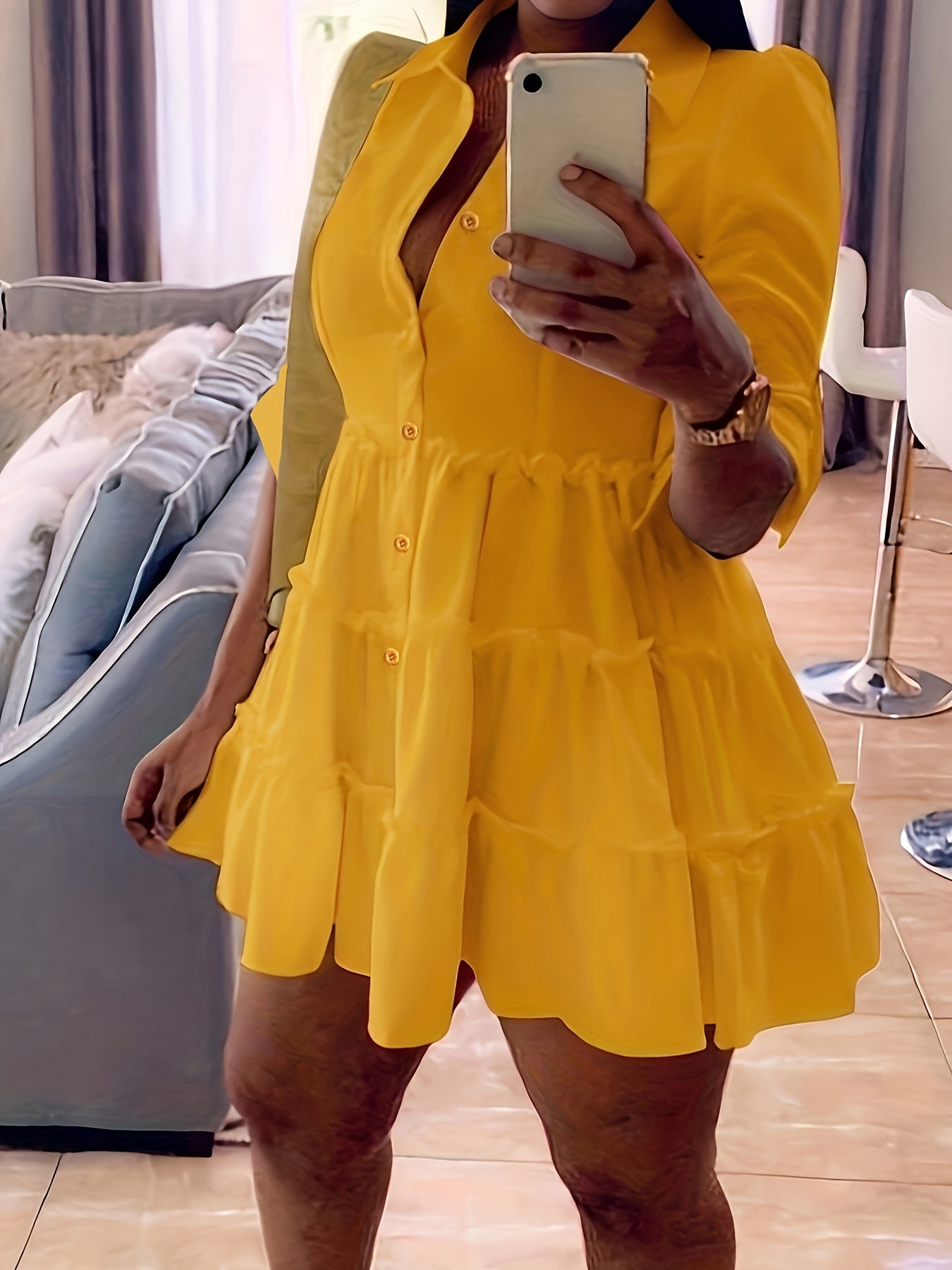 Antmvs Ruffle Layered Hem Shirt Dress, Casual Button Dress For Spring & Summer, Women's Clothing
