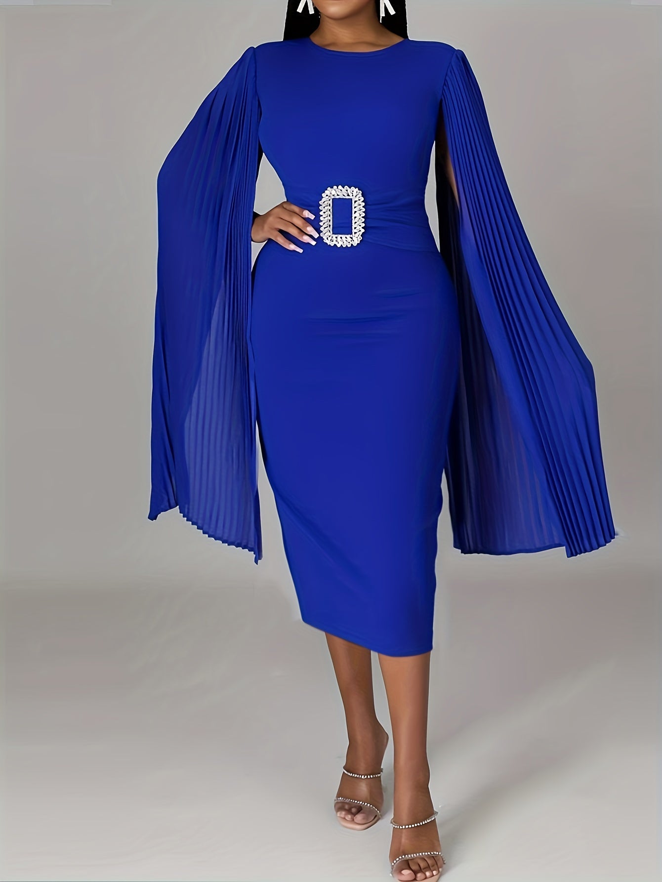 Antmvs Plus Size Elegant Wedding Guest Dress, Women's Plus Solid Cloak Sleeve Round Neck Rhinestone Buckle Belted Pleated Slim Party Formal Dress