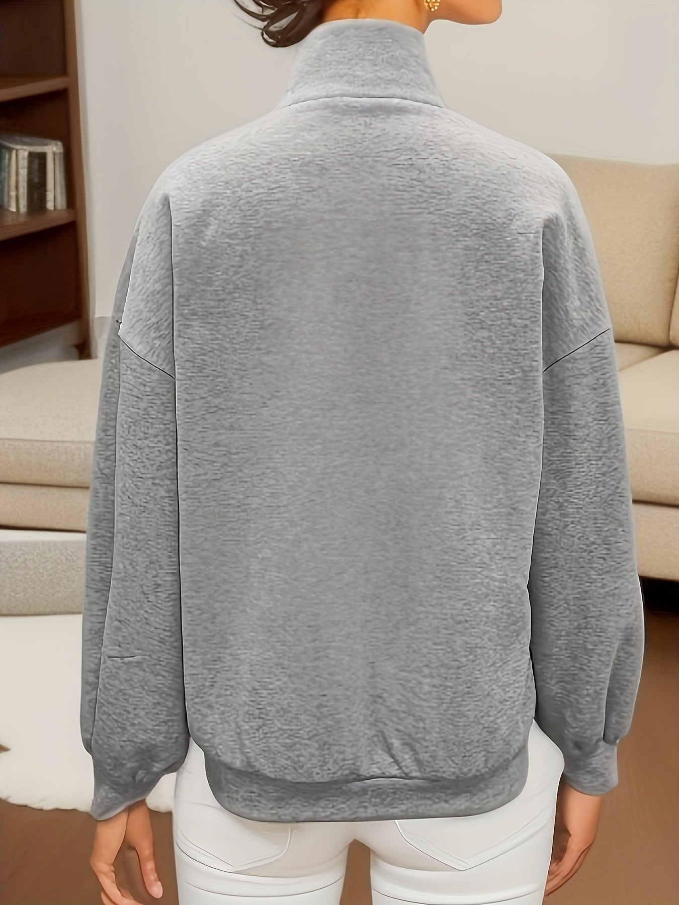 Antmvs Solid Zip Stand Collar Oversized Sweatshirt, Casual Long Sleeve Kangaroo Pocket Sweatshirt, Women's Clothing