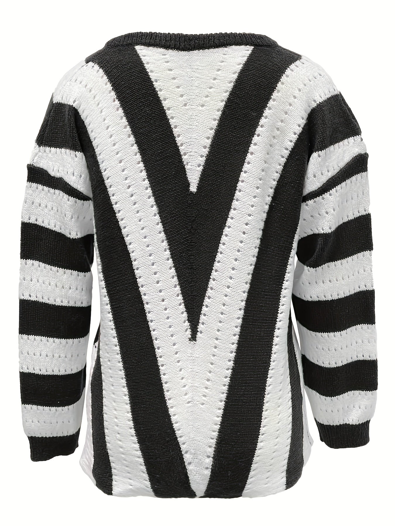 Antmvs Striped Pattern Eyelet Embroidered V Neck Pullover Sweater, Casual Long Sleeve Sweater For Fall & Winter, Women's Clothing